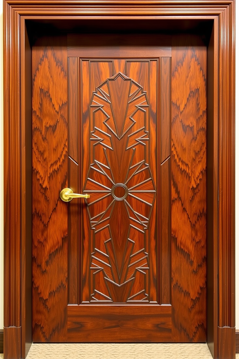 Art deco inspired door with intricate geometric patterns and a rich mahogany finish. The door features a polished brass handle and is framed by elegant molding that enhances its vintage appeal.