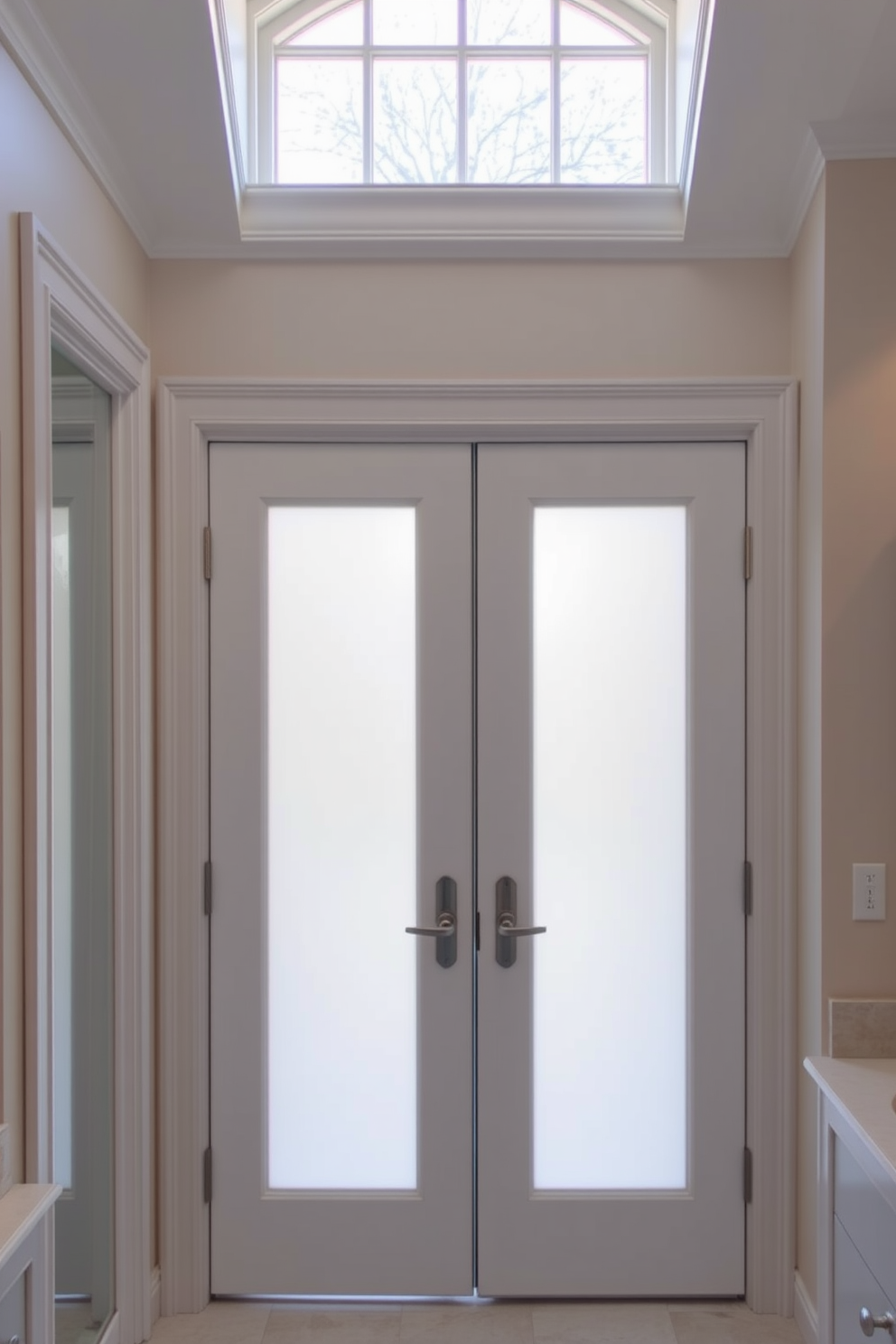 A stunning bathroom features a transom window door that allows natural light to flood the space. The door is framed with elegant molding, enhancing the overall aesthetic of the room. The bathroom doors are designed with a sleek modern style, incorporating frosted glass panels for privacy while maintaining brightness. Each door is complemented by brushed nickel hardware, adding a touch of sophistication.