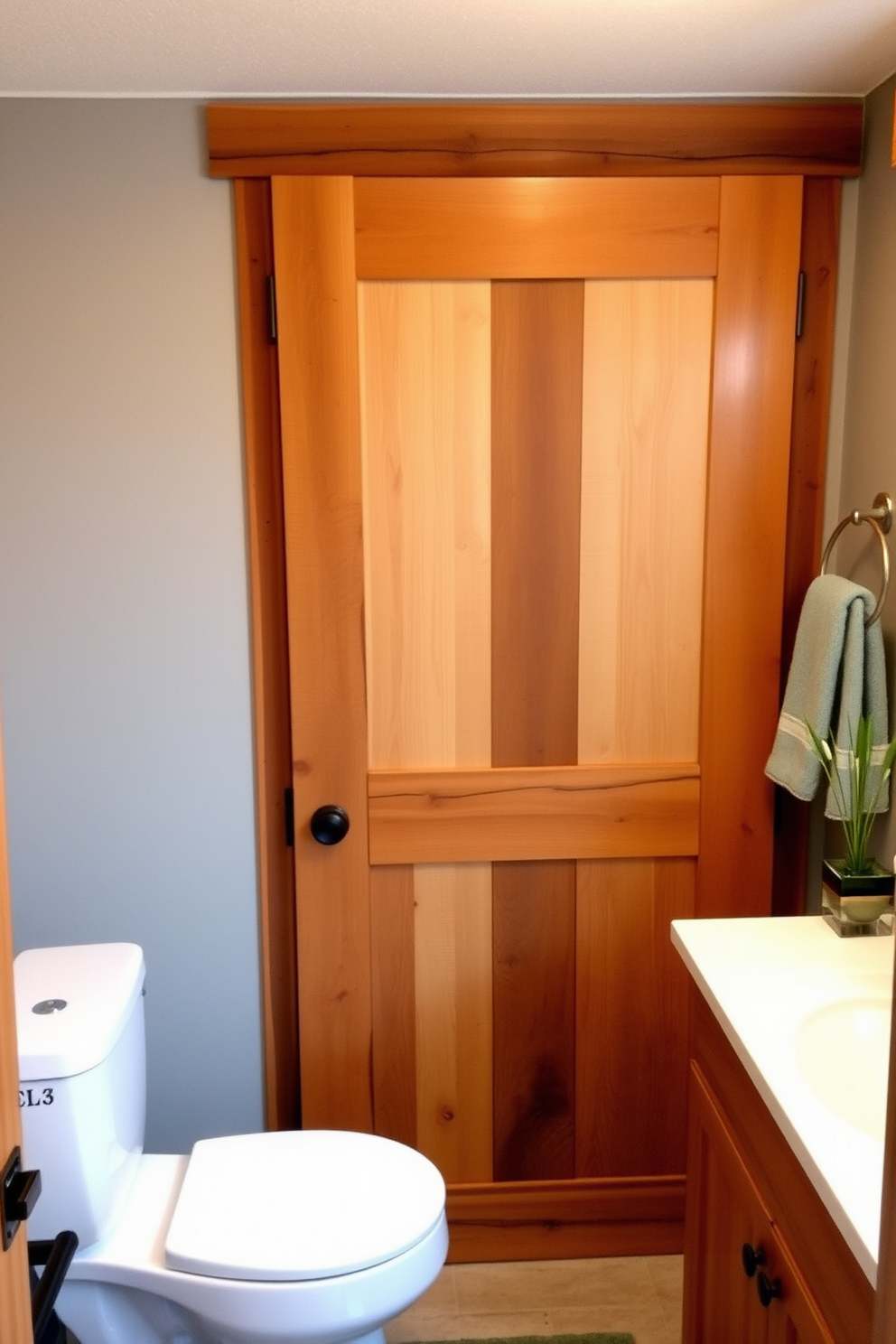 A rustic reclaimed wood door adds a touch of warmth and character to the bathroom space. The natural grain and texture of the wood create an inviting entryway that complements various design styles. This door design features sturdy hinges and a simple handle that enhance its rustic charm. The warm tones of the wood contrast beautifully with modern bathroom fixtures and decor.