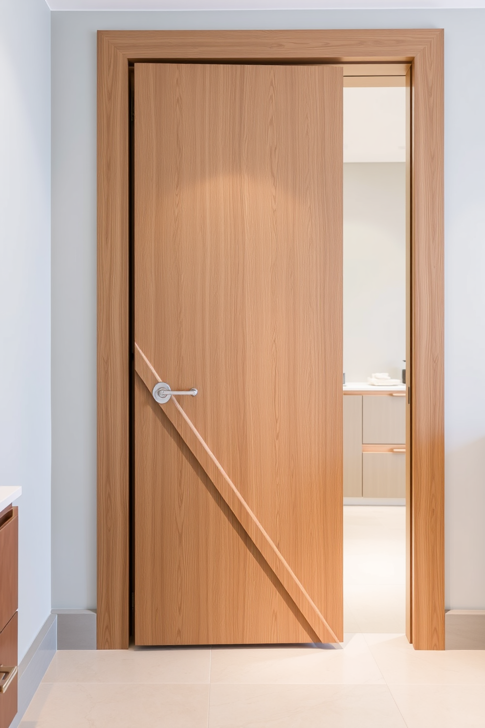 A contemporary bathroom door features sleek geometric patterns that create a modern aesthetic. The door is crafted from high-quality wood with a smooth finish, enhancing the overall elegance of the bathroom space.