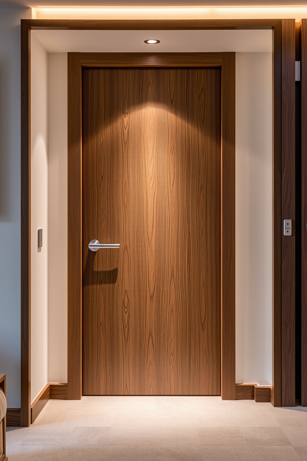 Art deco inspired door featuring bold geometric shapes and intricate detailing. The door is finished in a rich mahogany with gold accents, creating a striking focal point for the bathroom entrance.