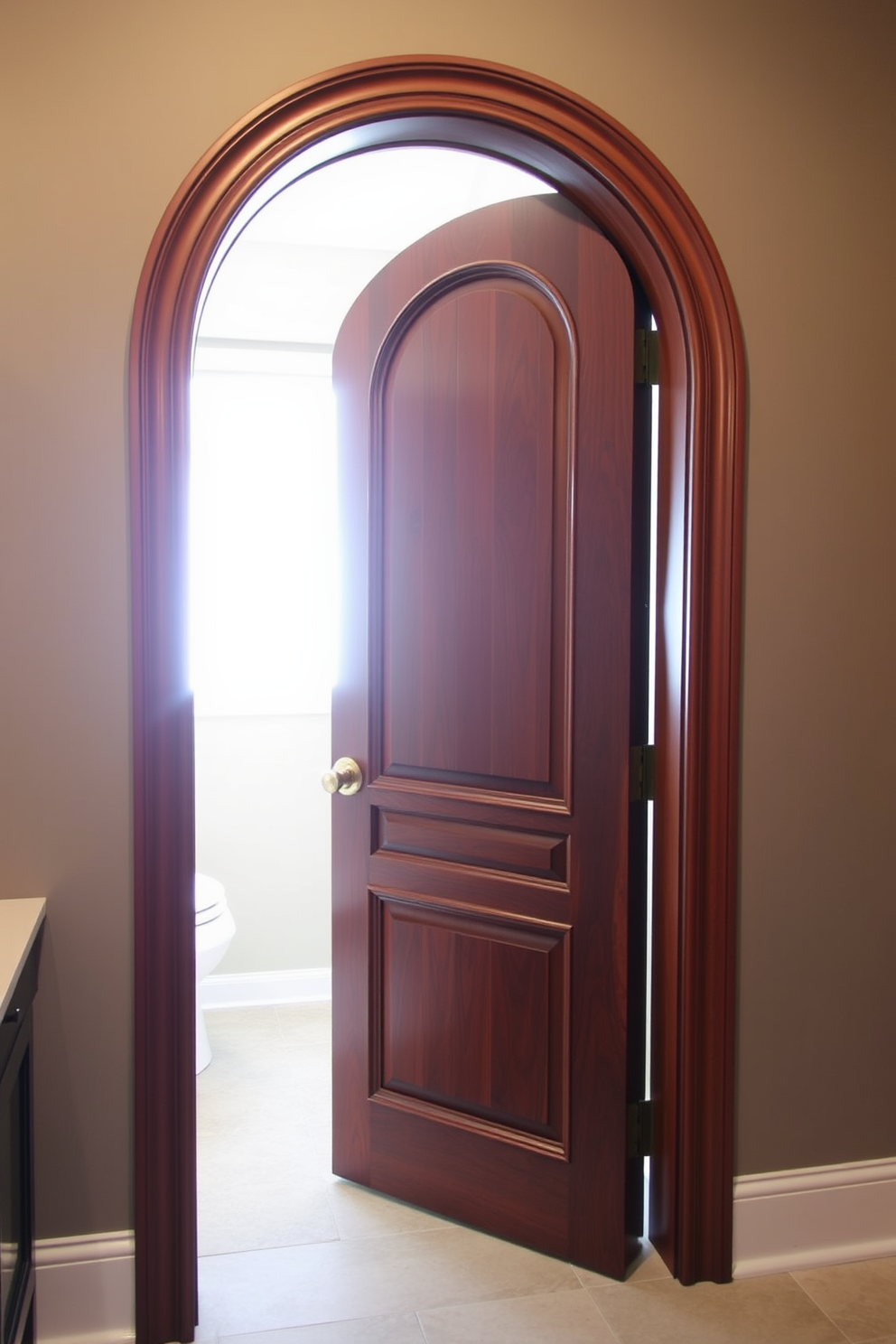 A beautiful arched door stands elegantly, crafted from rich mahogany with intricate carvings that add a touch of sophistication. The soft silhouette of the door creates a welcoming entrance to the bathroom, complementing the overall design aesthetic. The door features a frosted glass panel that allows natural light to filter through while maintaining privacy. Its gentle curves enhance the architectural interest of the space, making it a stunning focal point in any bathroom design.