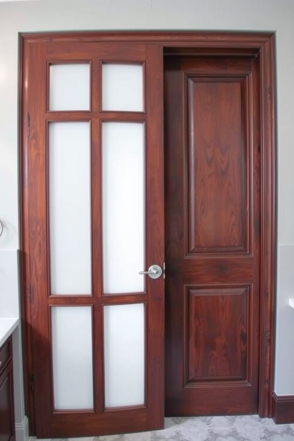 A cabinet style door with intricate paneling adds a unique twist to the overall aesthetic of the bathroom. The door features a rich wood finish that complements the surrounding decor and enhances the luxurious feel of the space. Incorporating various design ideas for bathroom doors can elevate the ambiance significantly. Consider doors with frosted glass inserts or bold colors to create a striking visual impact while maintaining privacy.