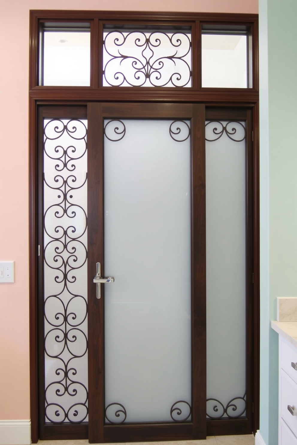 A decorative screen door featuring intricate geometric patterns made of wrought iron, framed in rich mahogany. The door is set against a backdrop of soft pastel wall colors, adding an artistic flair to the entrance. An elegant bathroom design showcasing a modern sliding door made of frosted glass, offering privacy while allowing light to filter through. The door is accented with sleek chrome hardware, complementing the contemporary aesthetic of the space.