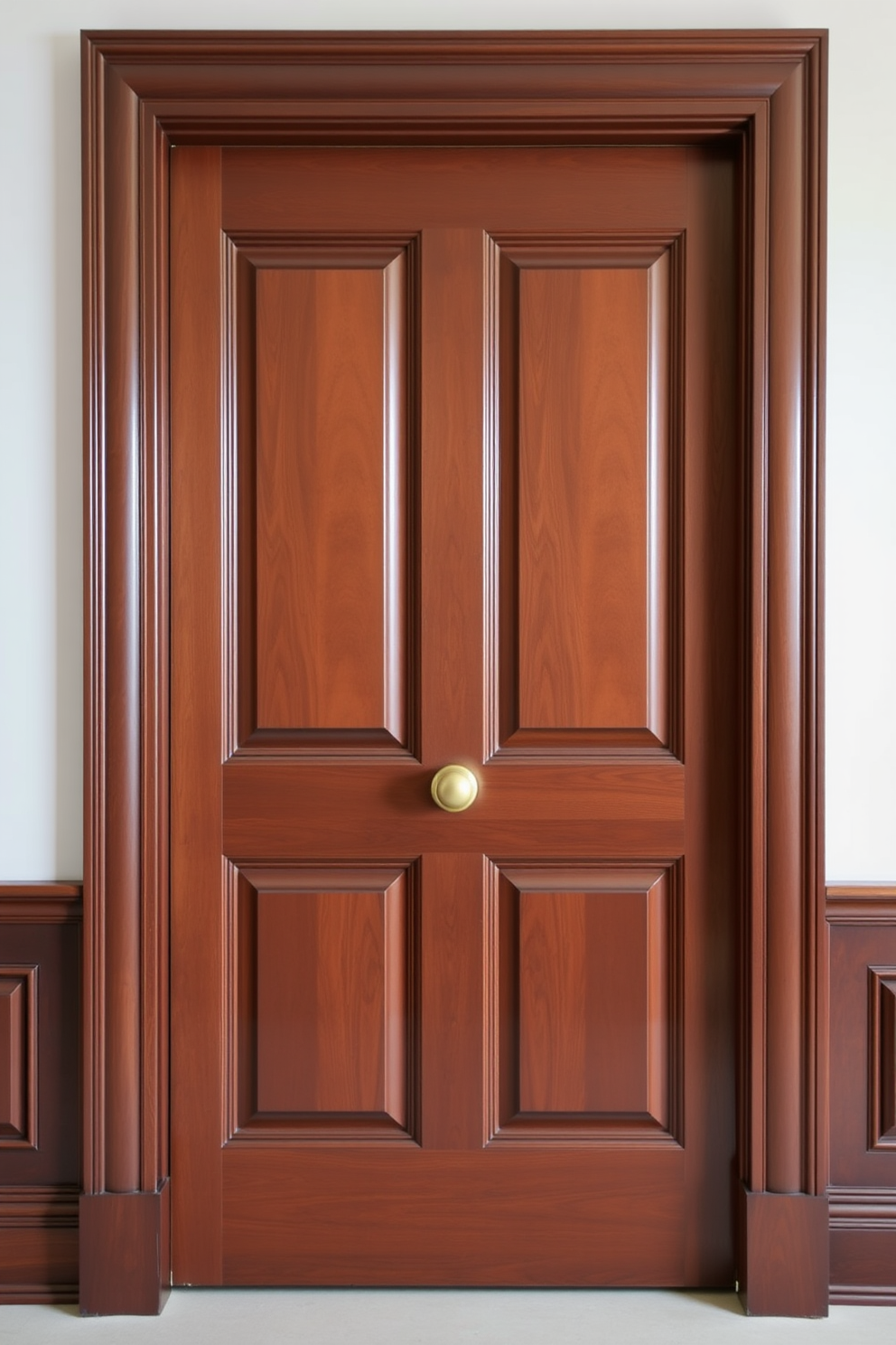 Classic paneled door design featuring rich wood tones and intricate detailing. The door is framed by elegant molding that enhances its sophisticated appearance. Incorporate a polished brass doorknob that adds a touch of luxury. The door is set against a soft, neutral wall color that complements its classic style.