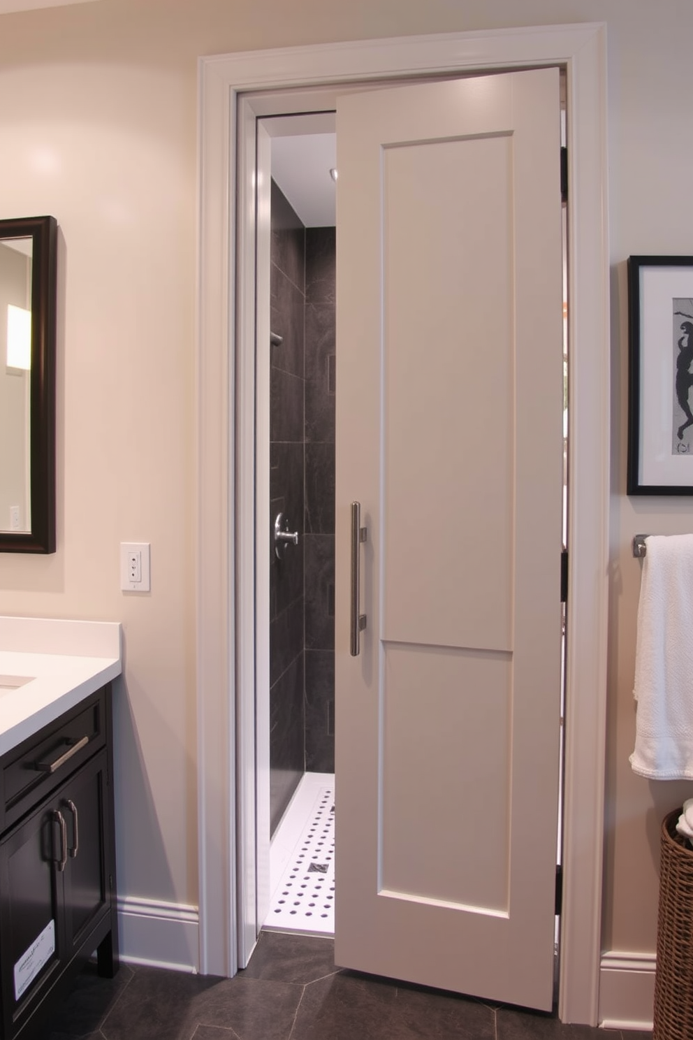 A striking bathroom door featuring a hinged design stands proudly, adorned with bold hardware accents that enhance its modern appeal. The door's finish complements the surrounding decor, creating a seamless transition between spaces while making a strong design statement.