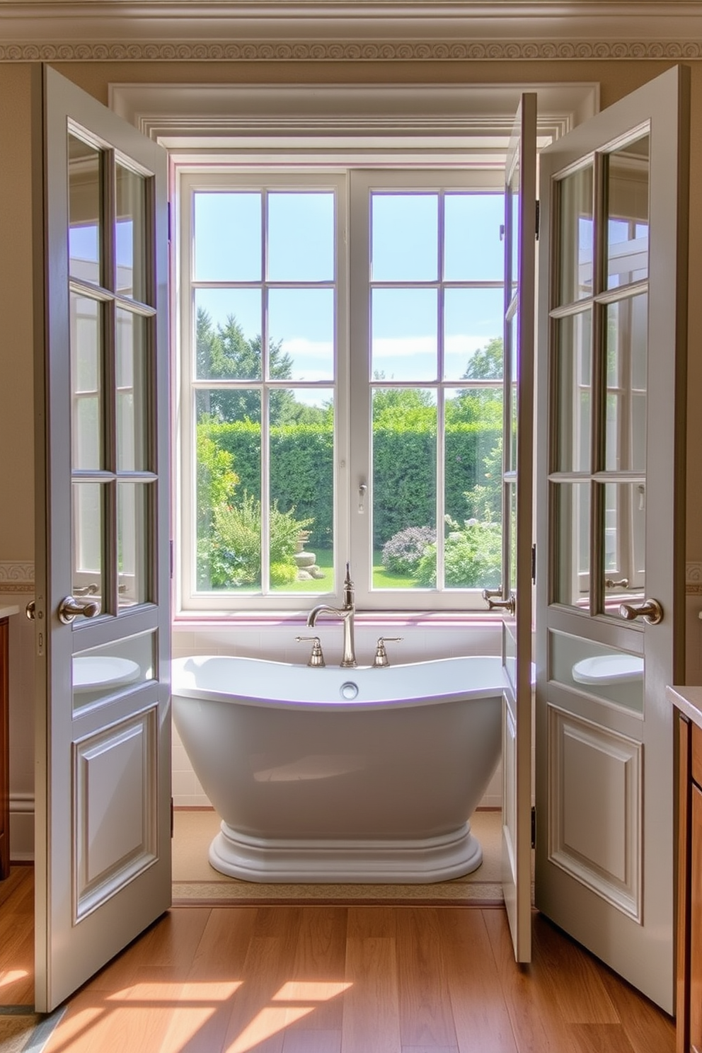 A serene bathroom featuring elegant French doors that open to a lush garden. The doors are framed with delicate white trim, allowing natural light to flood the space and enhance the calming atmosphere. Inside, the bathroom showcases a freestanding soaking tub positioned beneath a large window. The walls are adorned with soft pastel tiles that complement the warm wooden accents throughout the room.