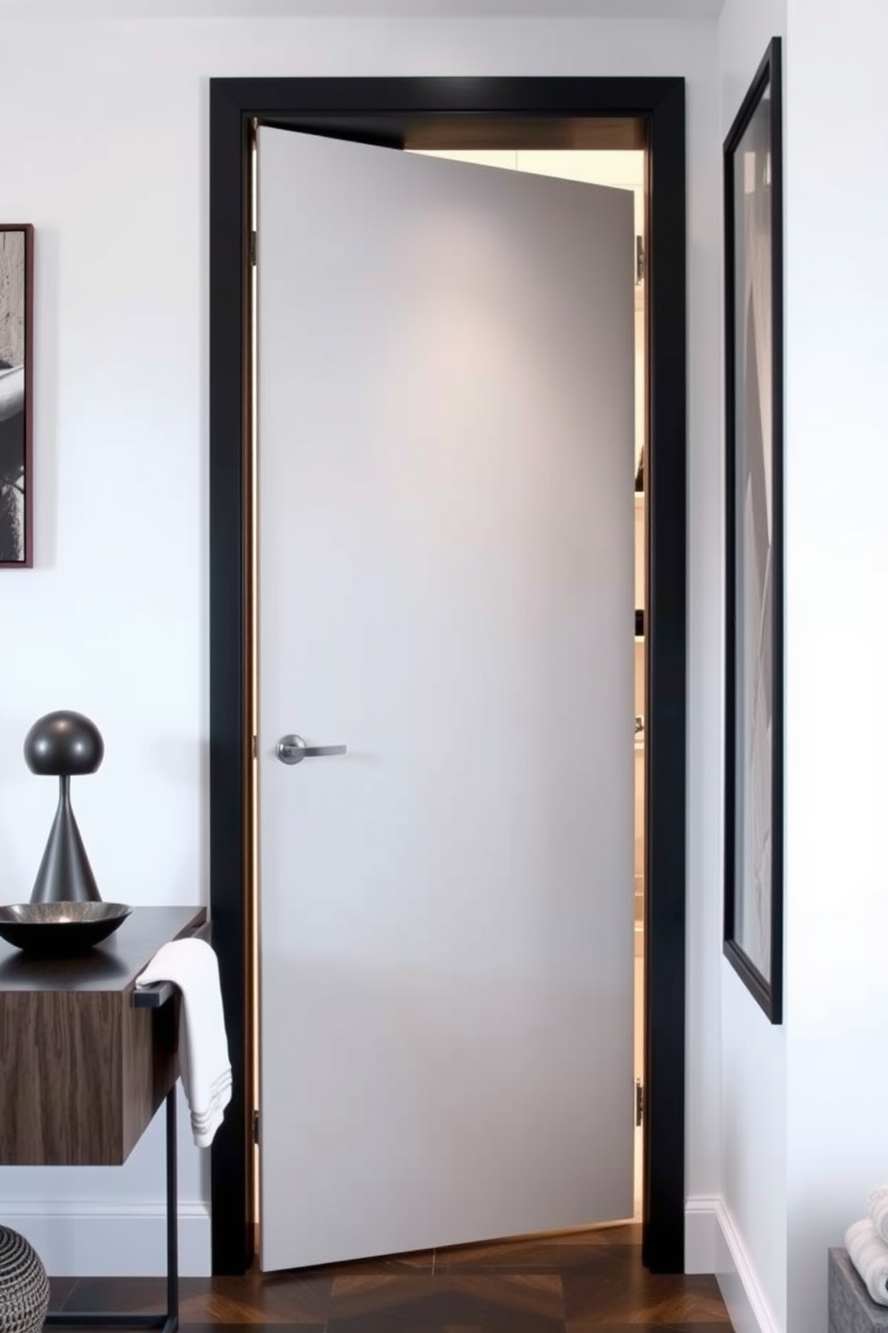 A sleek pocket door seamlessly integrates into the wall, providing a modern touch while maximizing space in the room. The door features a minimalist design with a smooth finish that complements the surrounding decor. The interior of the bathroom showcases elegant fixtures with a contemporary aesthetic. Soft lighting highlights the door's functionality and enhances the overall ambiance of the space.