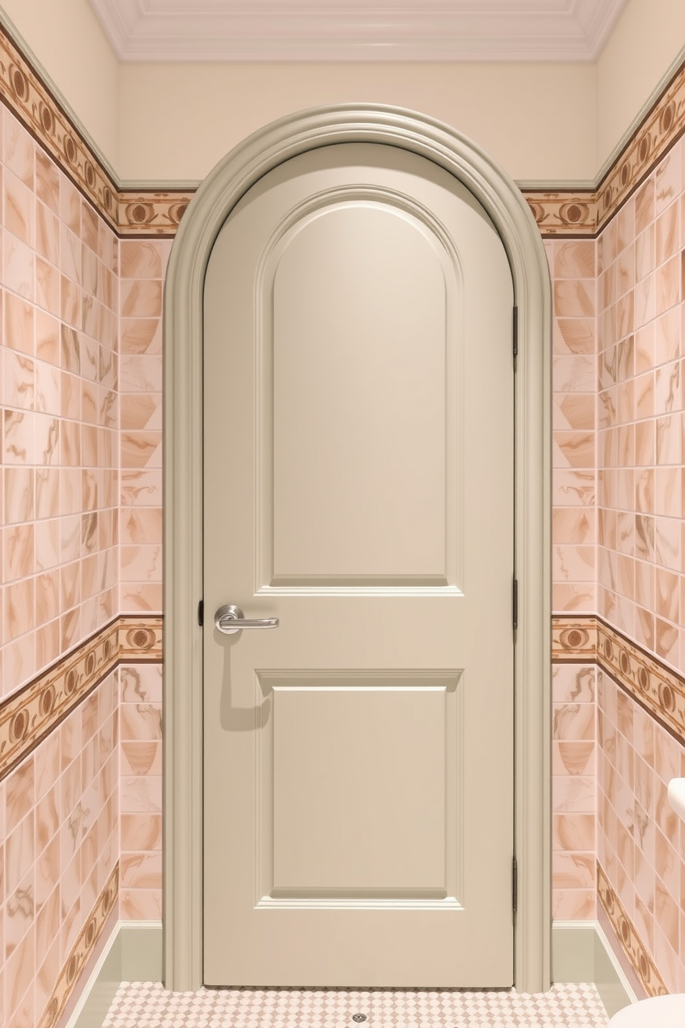 A bathroom featuring a curved top door that adds a unique architectural element. The door is painted in a soft pastel color, complementing the overall design of the space. The surrounding walls are adorned with elegant tile work that enhances the aesthetic appeal. A sleek, modern handle contrasts beautifully with the door's rounded shape, creating a harmonious look.