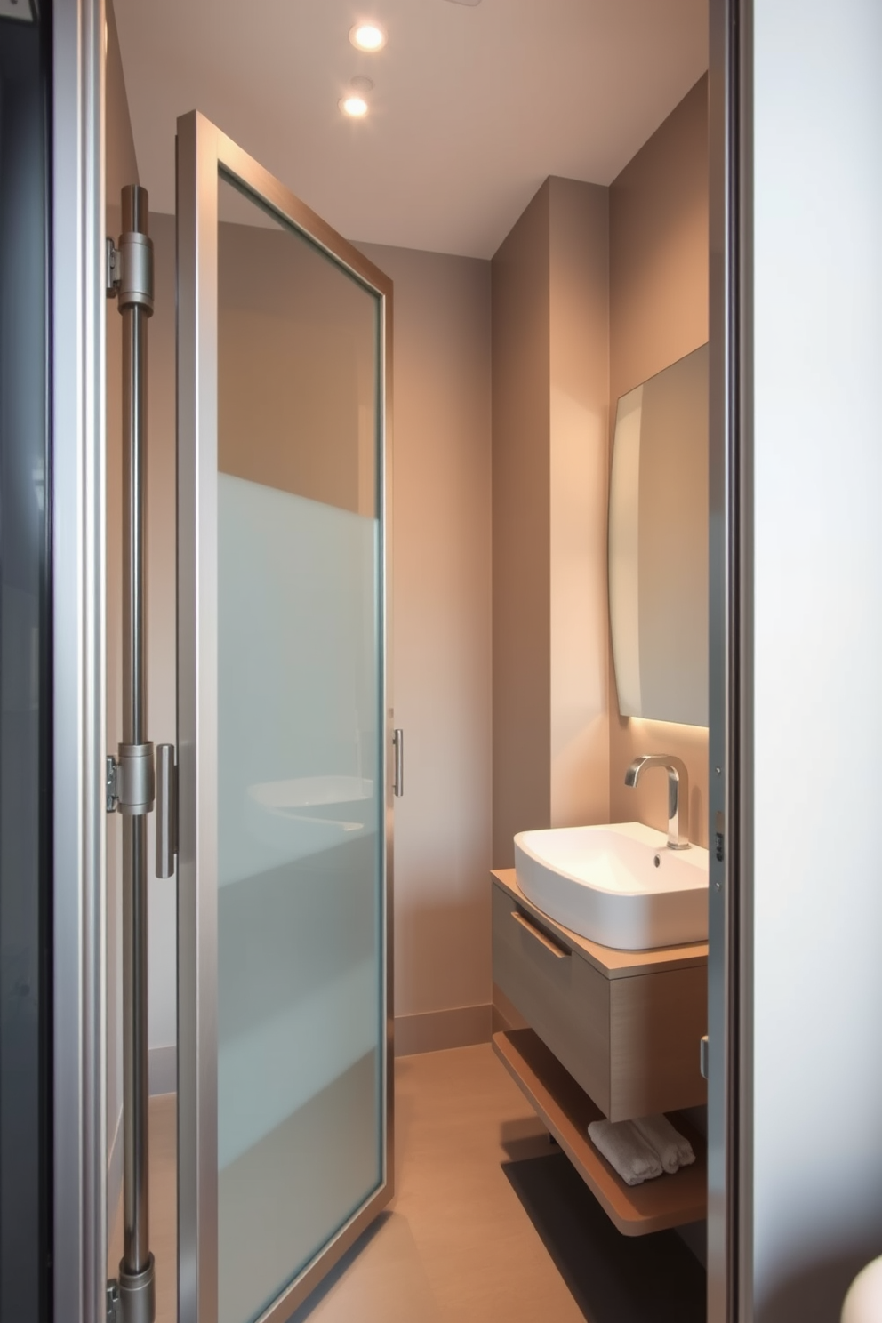 A modern compact bathroom featuring a bi-fold door that maximizes space efficiency. The door is made of sleek frosted glass framed in polished aluminum, complementing the minimalist aesthetic of the room. The bathroom showcases a contemporary design with neutral tones and natural wood accents. A stylish vanity with integrated storage is positioned beside the bi-fold door, enhancing the room's functionality and elegance.