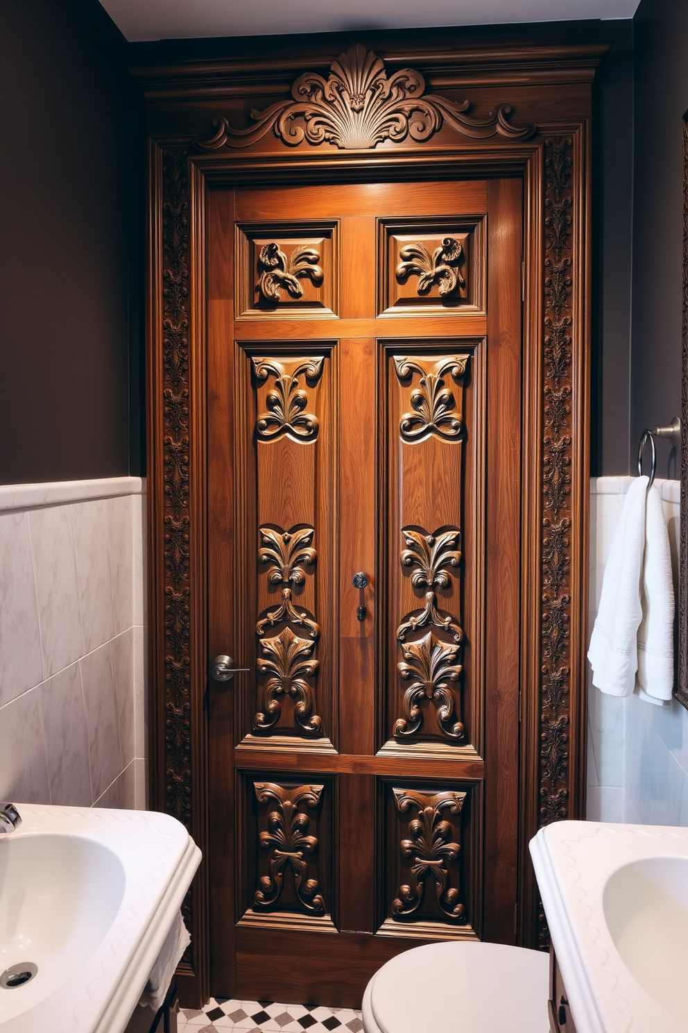 A wooden door with intricate carvings stands as a stunning focal point in the bathroom. The detailed craftsmanship showcases a blend of elegance and artistry, enhancing the overall aesthetic of the space. The door features ornate patterns that reflect a classic design style. It complements the bathroom's decor while providing a sense of warmth and sophistication.