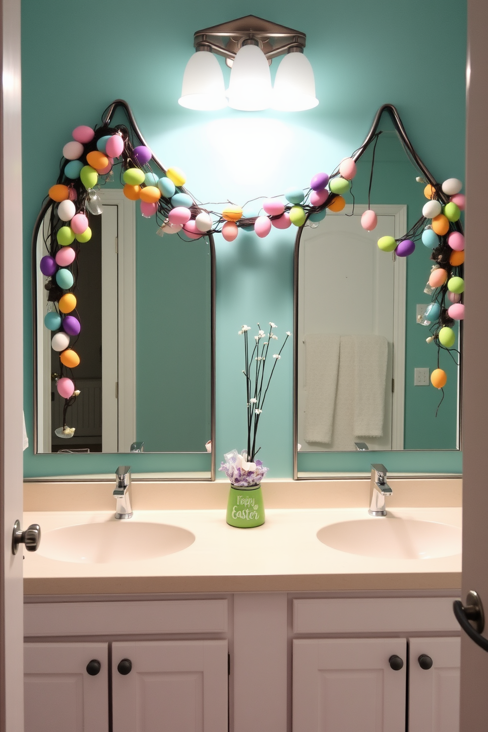 A charming bathroom setting featuring a display of Easter themed towels and washcloths. The towels are adorned with pastel colors and playful bunny motifs, neatly arranged on a decorative rack. A basket filled with colorful eggs sits on the countertop next to a small potted plant. The walls are painted in a soft lavender hue, creating a cheerful and festive atmosphere.