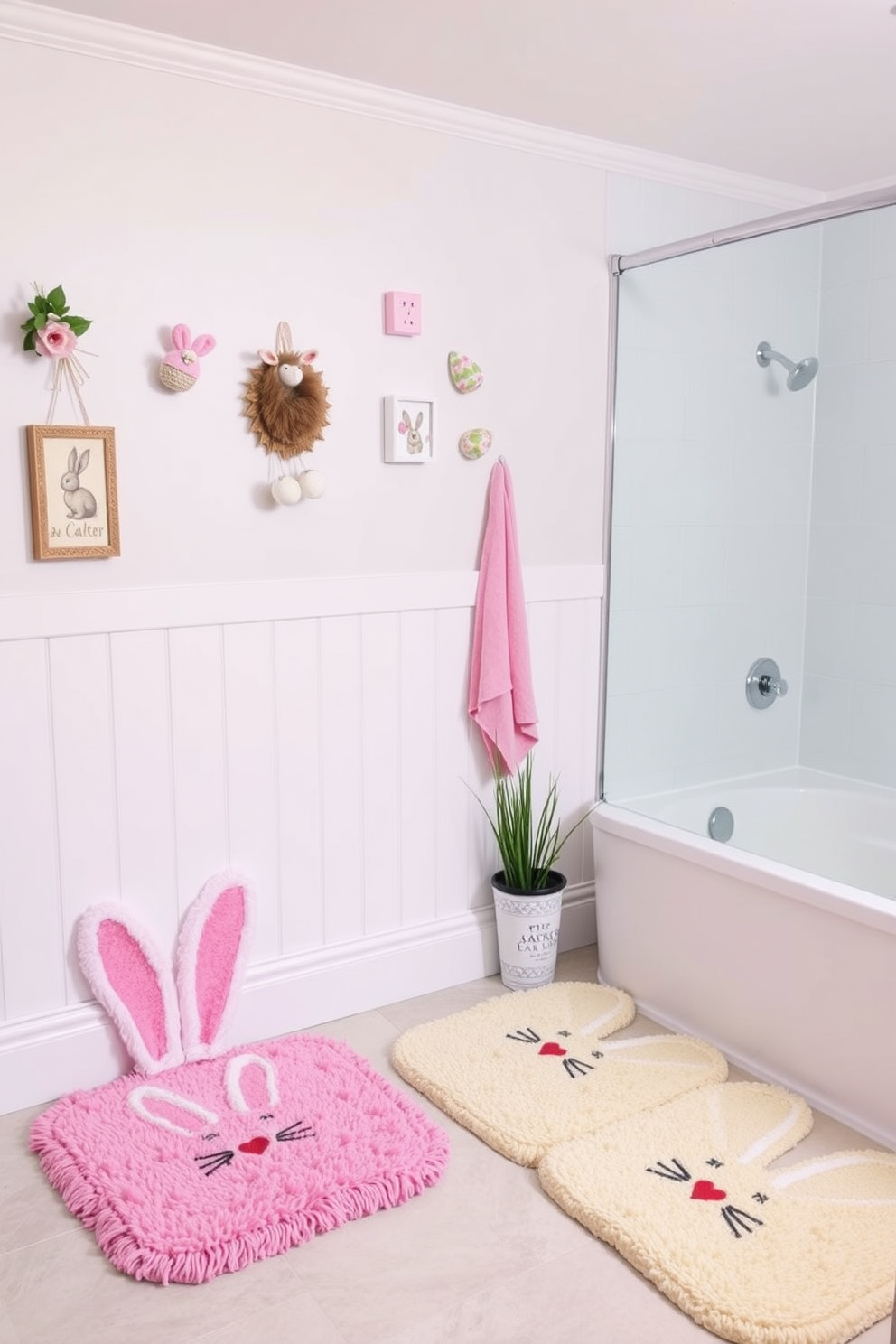 Hanging garlands of paper bunnies create a whimsical and festive atmosphere in the bathroom. The soft pastel colors of the bunnies complement the light, airy decor while adding a playful touch to the Easter celebration.