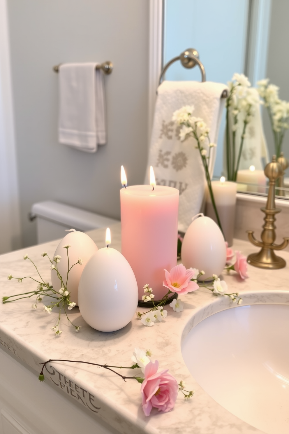 Easter themed wall art prints featuring pastel colors and whimsical designs of bunnies and eggs hang in a bright bathroom. The prints are framed in white, complementing the light blue walls and adding a festive touch to the space. Decorative elements like a floral arrangement with spring blooms and soft, fluffy towels in coordinating pastel shades enhance the Easter decor. A small basket filled with colorful eggs sits on the counter, completing the cheerful ambiance.