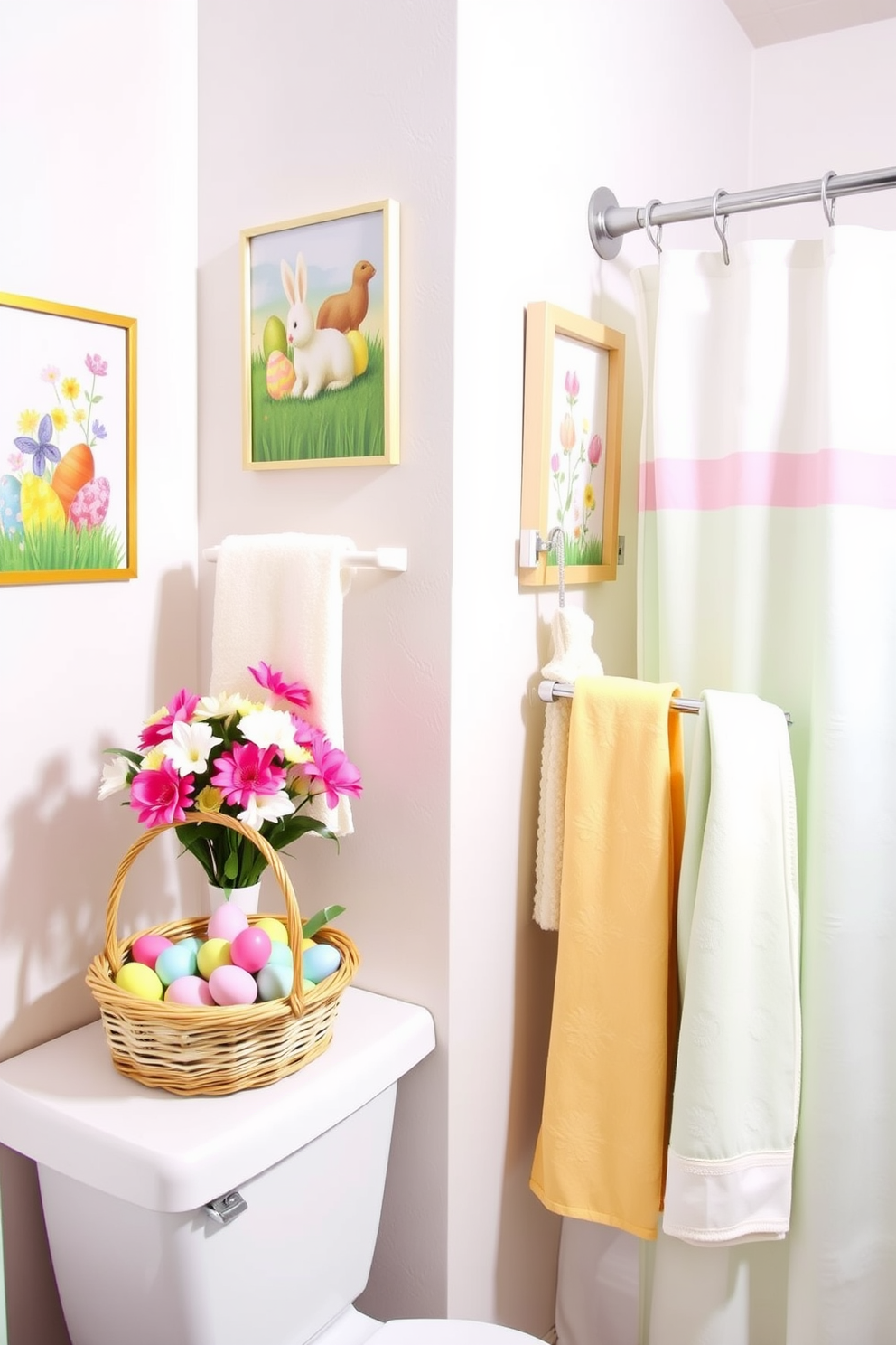 Create a bright and cheerful bathroom setting adorned with seasonal artwork that features Easter themes. The walls are decorated with colorful prints of Easter eggs and spring flowers, while a pastel-colored shower curtain adds a festive touch. Incorporate decorative elements such as a small basket filled with faux Easter eggs on the countertop. Add a vibrant floral arrangement in a ceramic vase and pastel towels neatly hung on a rack to complete the festive look.