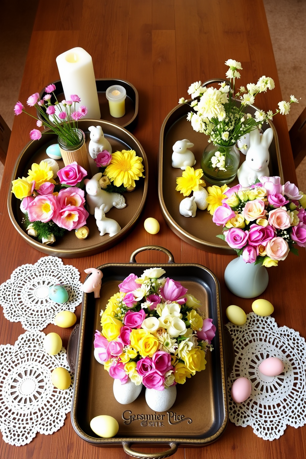 A collection of decorative trays arranged on a wooden table, each tray filled with vibrant spring flowers in various shades of pink, yellow, and white. The trays are complemented by soft pastel-colored candles and small decorative bunnies, creating a cheerful Easter ambiance. A stylish arrangement of flowers in elegant vases placed on the trays, enhancing the festive decor. Surrounding the trays are pastel-colored eggs and delicate lace doilies, adding a touch of charm to the overall design.