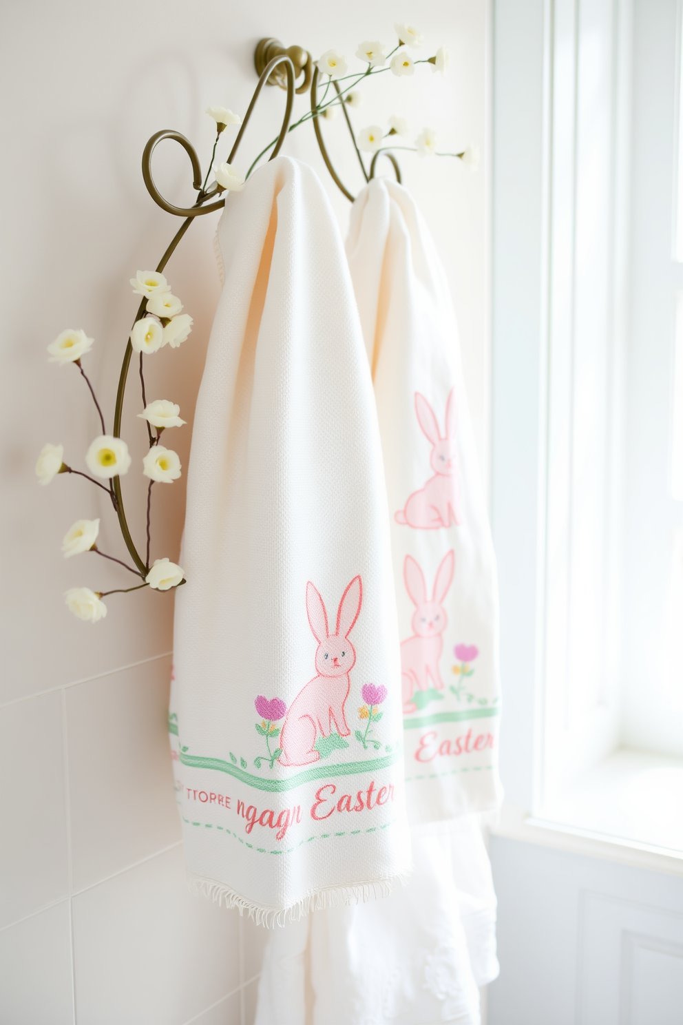 Easter-themed hand towels are elegantly arranged on a decorative rack in a bright and airy bathroom. The towels feature pastel colors and cheerful bunny motifs, adding a festive touch to the space. Delicate floral accents complement the towels, creating a cohesive Easter decorating theme. Soft lighting enhances the cheerful atmosphere, making the bathroom inviting for guests.