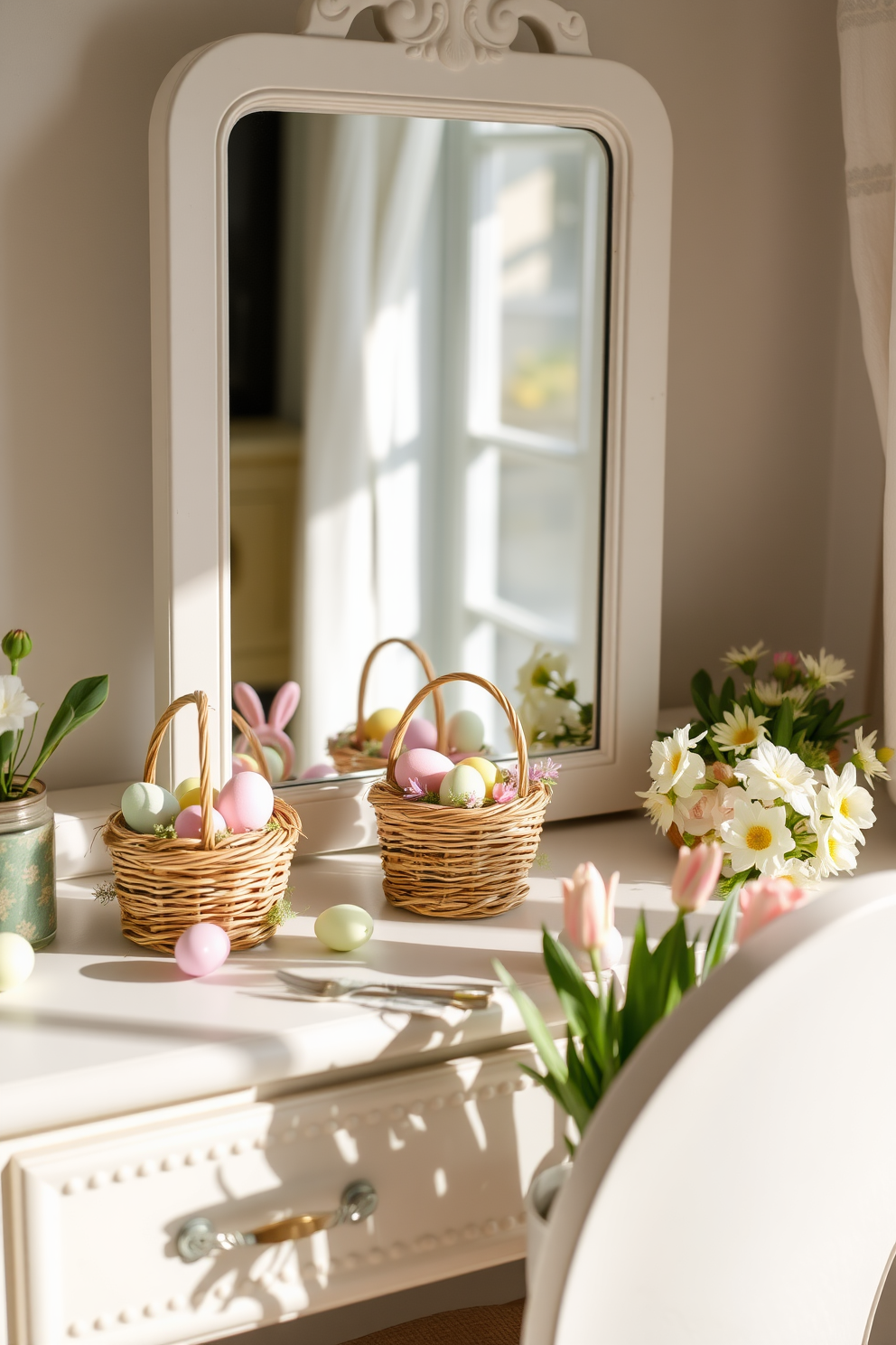 A charming vanity adorned with miniature Easter baskets filled with colorful eggs and pastel decorations. Soft, natural light filters in, highlighting the delicate details of the baskets and the fresh spring flowers placed nearby. The overall theme features light pastel colors and playful accents that evoke the spirit of Easter. Subtle touches of greenery and seasonal decor enhance the festive atmosphere, creating a warm and inviting space.