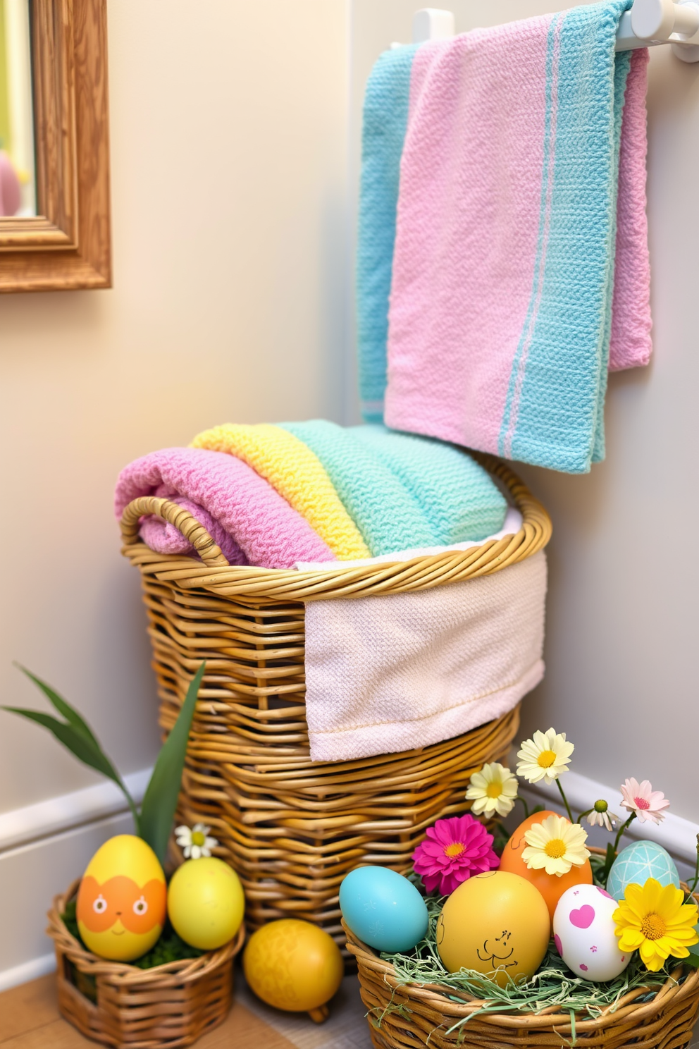 A cozy bathroom corner features a woven basket filled with brightly colored washcloths in pastel shades. The basket is placed next to a cheerful arrangement of Easter decorations, including painted eggs and spring flowers.