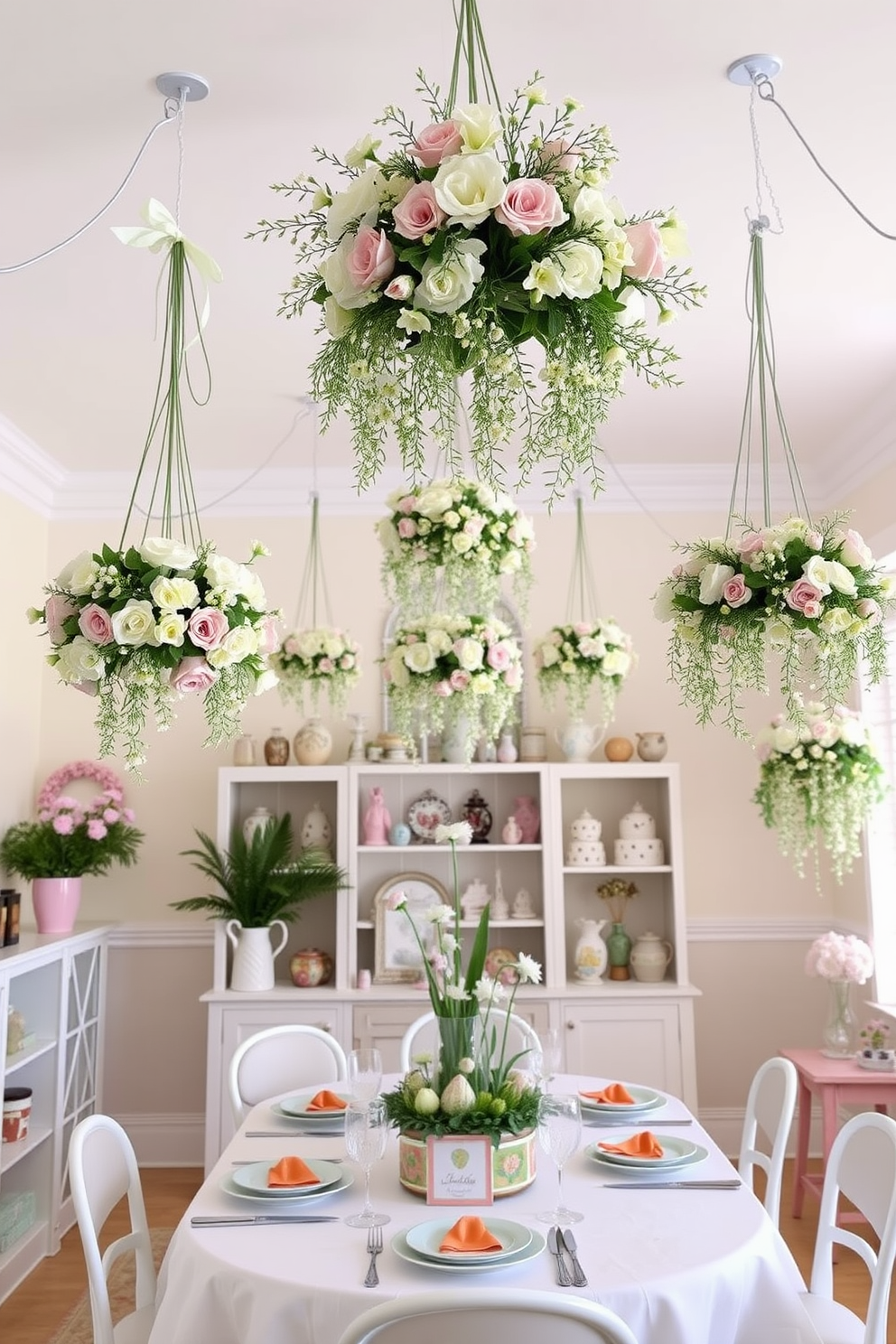 A charming Easter-themed room adorned with hanging floral arrangements from the ceiling. The arrangements feature pastel-colored blooms and delicate greenery, creating a festive and inviting atmosphere. The walls are decorated with soft, light colors that complement the floral designs. A beautifully set table in the center showcases Easter-themed centerpieces and colorful tableware, enhancing the overall decor.