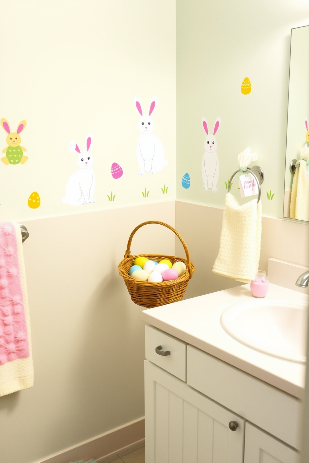 A charming bathroom adorned with vintage Easter postcards as decor. The postcards are artfully arranged on the walls, creating a whimsical and festive atmosphere. Soft pastel colors dominate the space, enhancing the cheerful theme. A delicate floral arrangement sits on the countertop, complementing the vintage aesthetic while adding a touch of freshness.