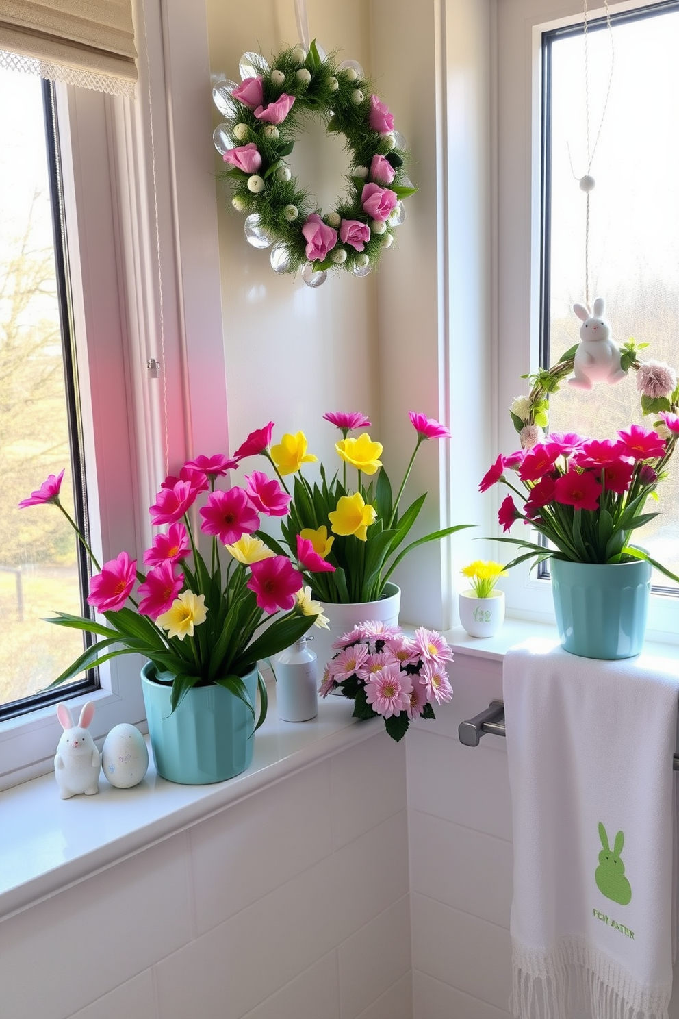 Potted spring flowers in vibrant colors sit gracefully on the windowsills, bringing a touch of nature indoors. The sunlight filters through the glass, illuminating the cheerful blooms and enhancing the fresh atmosphere of the bathroom. Easter decorations adorn the space, featuring pastel-colored accents and charming motifs. Delicate wreaths and themed towels complement the floral arrangements, creating a festive and inviting ambiance.