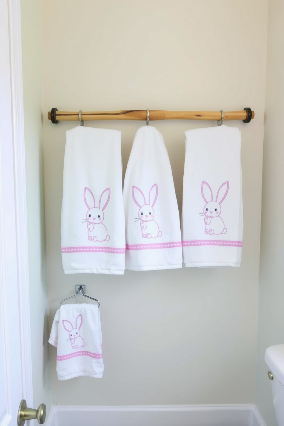 A charming bathroom scene featuring pastel towels adorned with playful bunny motifs neatly arranged on a wooden rack. The walls are painted in soft pastel colors, creating a whimsical and festive atmosphere perfect for Easter celebrations.