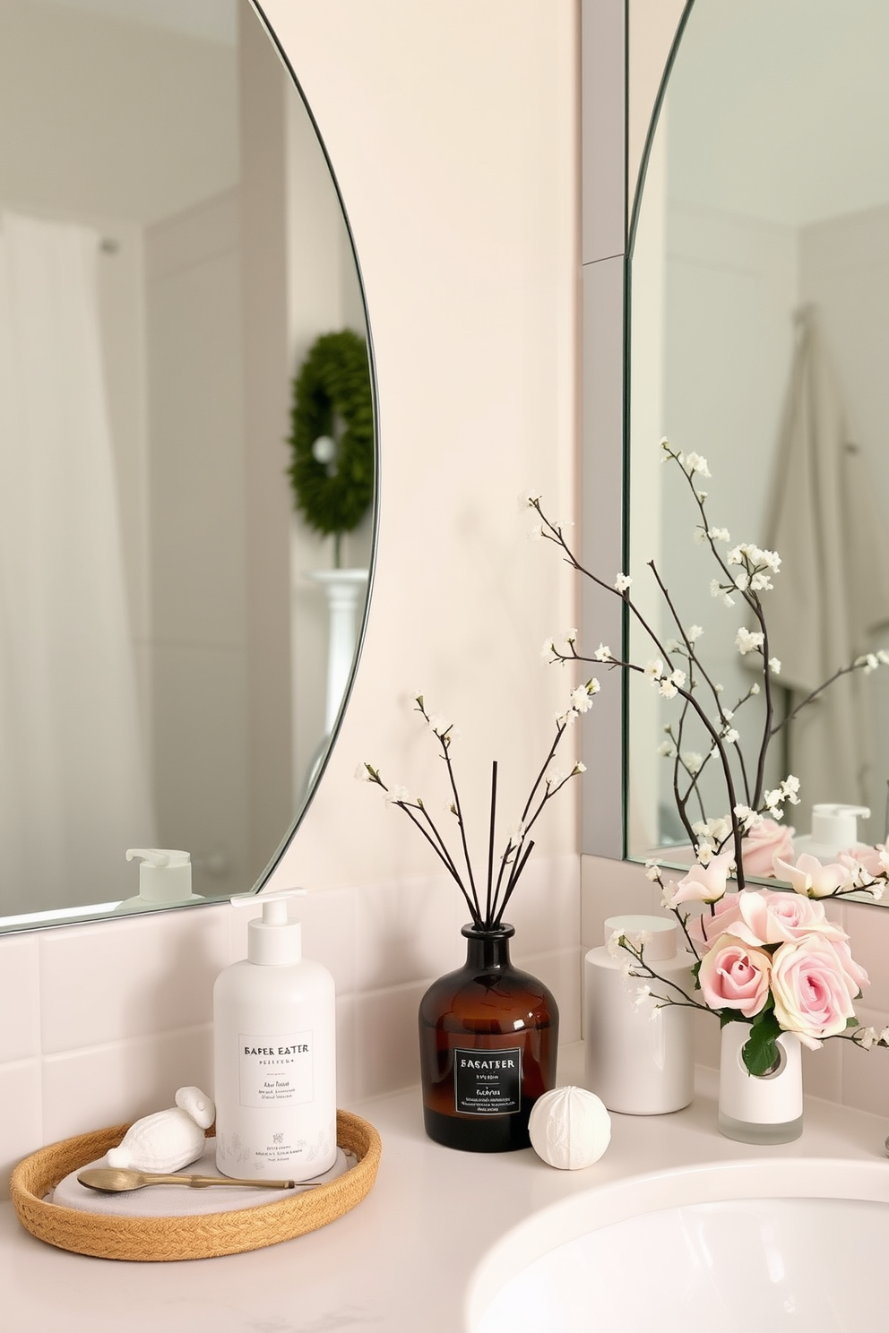 A charming bathroom scene featuring a floral shower curtain adorned with playful bunnies. The walls are painted in soft pastel colors, and a small basket filled with decorative eggs sits beside the bathtub.