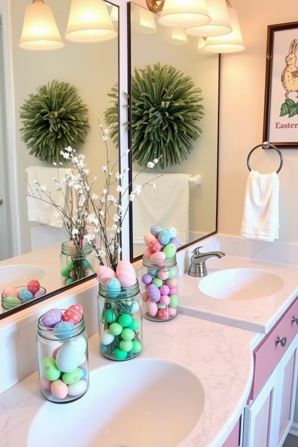 Colorful jars filled with candy eggs are arranged on a white shelf, creating a cheerful and festive atmosphere. Each jar is filled with a variety of pastel-colored eggs, adding a pop of color to the bathroom decor. A small, decorative bunny figurine sits next to the jars, complementing the Easter theme. Soft, fluffy towels in coordinating pastel shades are neatly hung on a towel rack, enhancing the overall festive look.