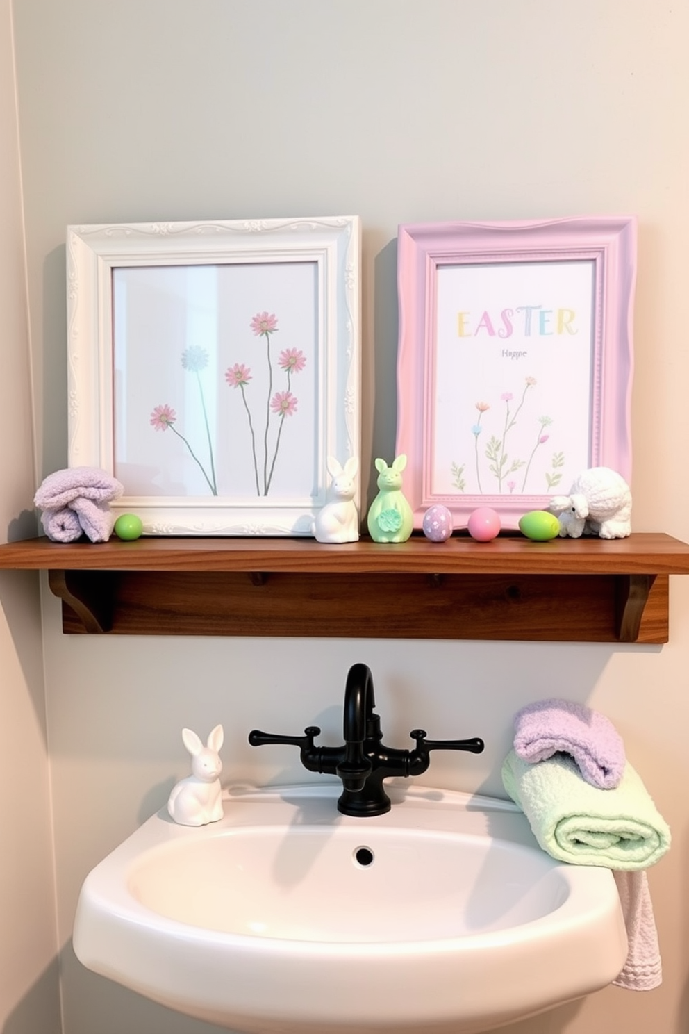 Easter-themed picture frames are displayed on a wooden shelf above a stylish bathroom sink. The frames are adorned with pastel colors and floral designs, adding a festive touch to the space. Decorative elements include small ceramic bunnies and colorful eggs positioned around the sink area. Soft, fluffy towels in shades of lavender and mint complement the cheerful decor, creating a warm and inviting atmosphere.