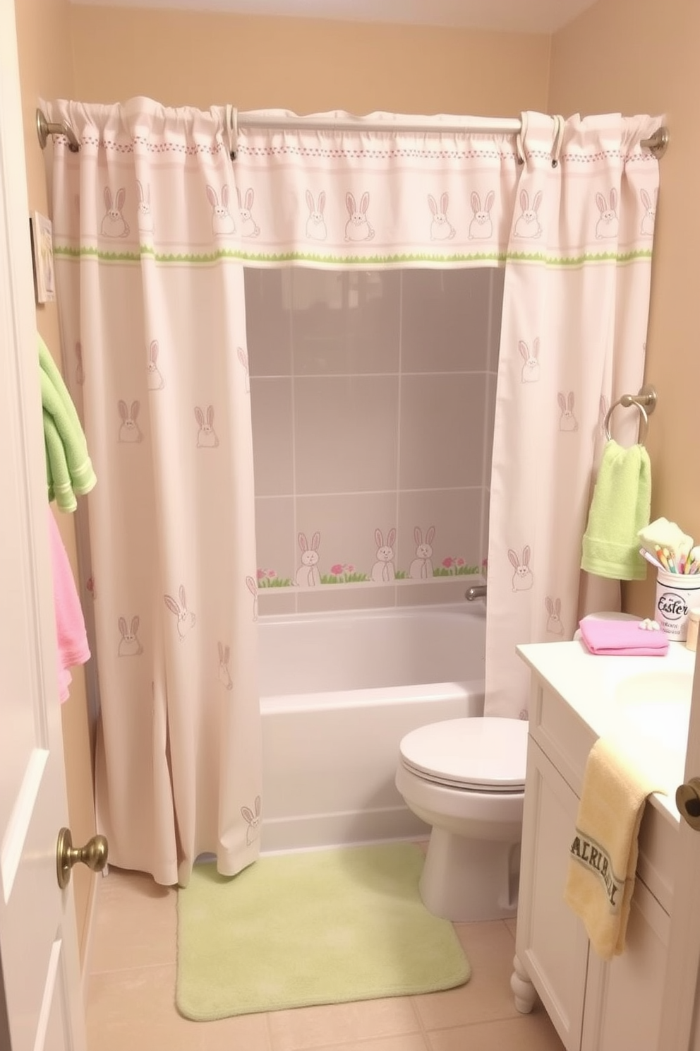 A cheerful bathroom adorned with shower curtain liners featuring playful bunny prints. The decor includes pastel-colored towels and Easter-themed accessories, creating a festive and inviting atmosphere.