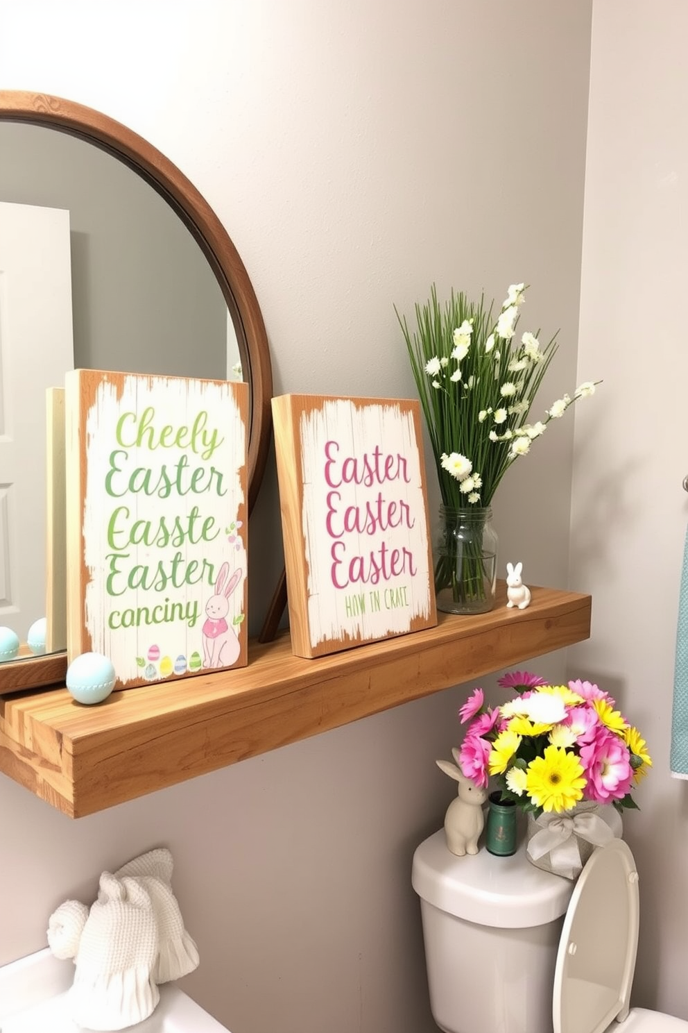 Decorative wooden signs featuring cheerful Easter quotes are arranged on a rustic shelf. The signs are crafted from reclaimed wood and painted in pastel colors, adding a festive touch to the bathroom decor. The bathroom is adorned with playful Easter-themed decorations such as bunny figurines and colorful egg motifs. Fresh flowers in a vase complement the seasonal decor, creating a welcoming and festive atmosphere.