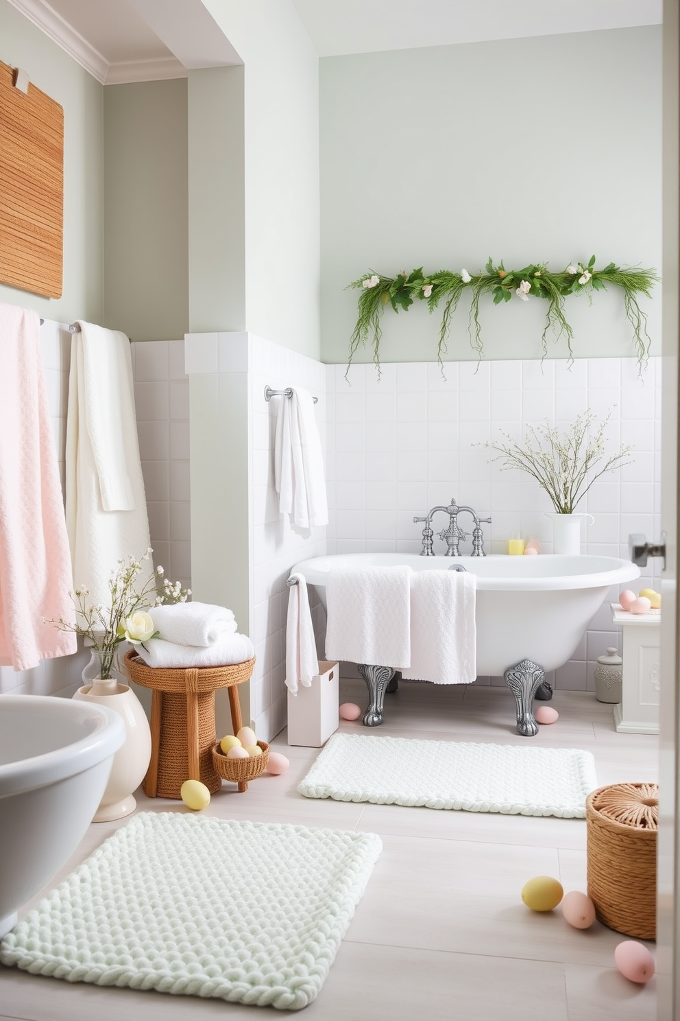 Create a serene bathroom scene featuring pastel-colored bath accessories such as towels, bath mats, and decorative items. The accessories should complement a light and airy color palette, enhancing the overall fresh look of the space. Incorporate Easter-themed decorations like subtle floral arrangements and pastel-colored eggs placed strategically around the bathroom. The design should evoke a sense of renewal and joy, perfect for the Easter season.