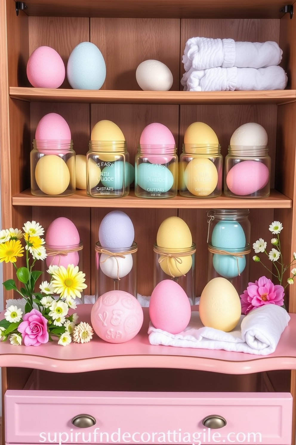 A collection of colorful egg-shaped bath bombs is elegantly displayed in clear glass jars on a wooden shelf. The jars are arranged on a pastel-colored table, surrounded by decorative elements like spring flowers and soft, fluffy towels. The setting is bright and cheerful, perfect for Easter decorating ideas. Soft lighting enhances the vibrant colors of the bath bombs, creating a warm and inviting atmosphere.