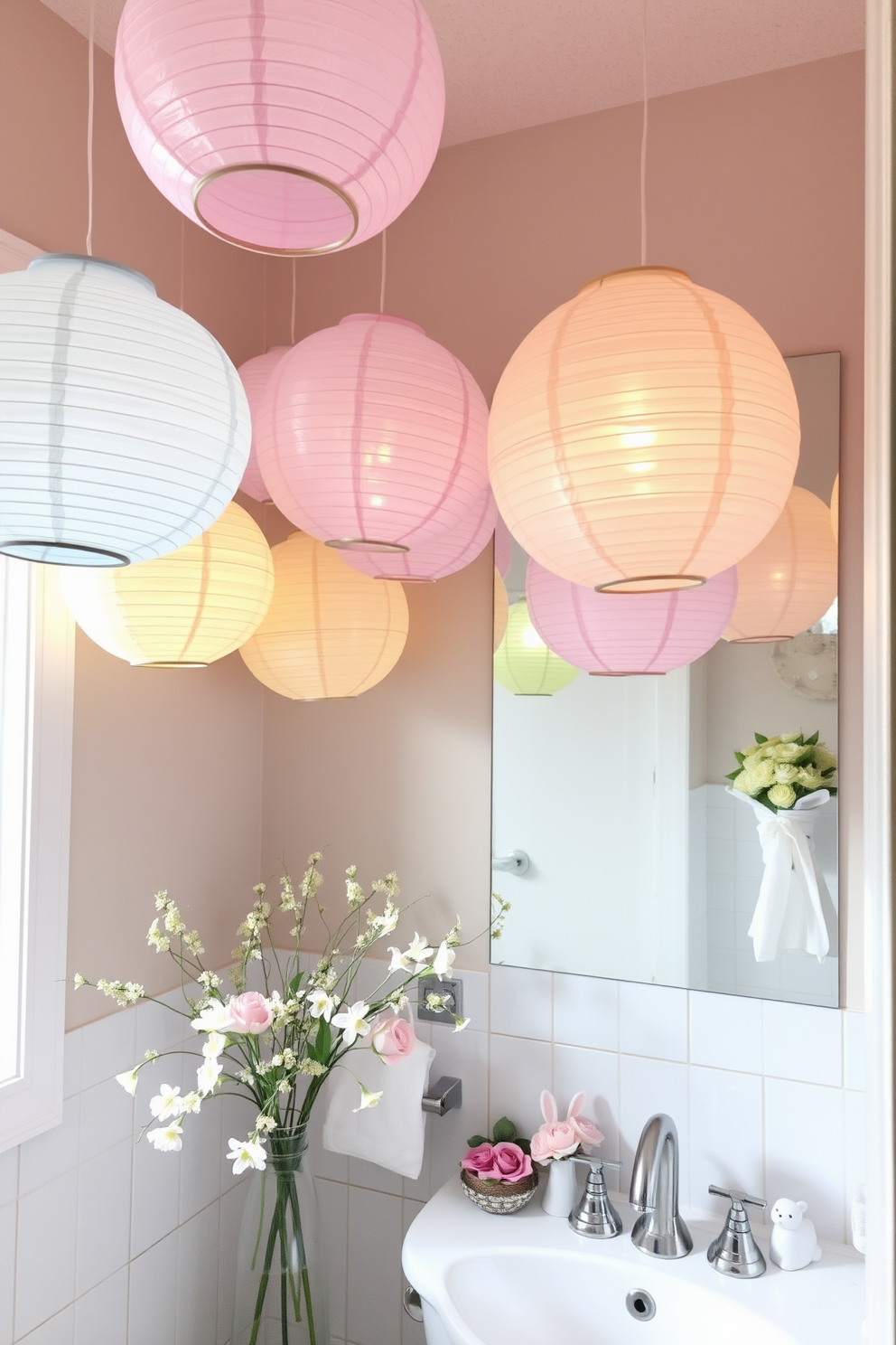 Hanging paper lanterns in soft pastel colors are suspended from the ceiling, creating a whimsical and cheerful atmosphere. The lanterns gently sway, reflecting the warm light and enhancing the festive spirit of the space. The bathroom is adorned with Easter-themed decorations, featuring delicate floral arrangements and subtle bunny motifs. Fresh spring blooms in a vase add a touch of nature, complementing the overall bright and inviting decor.