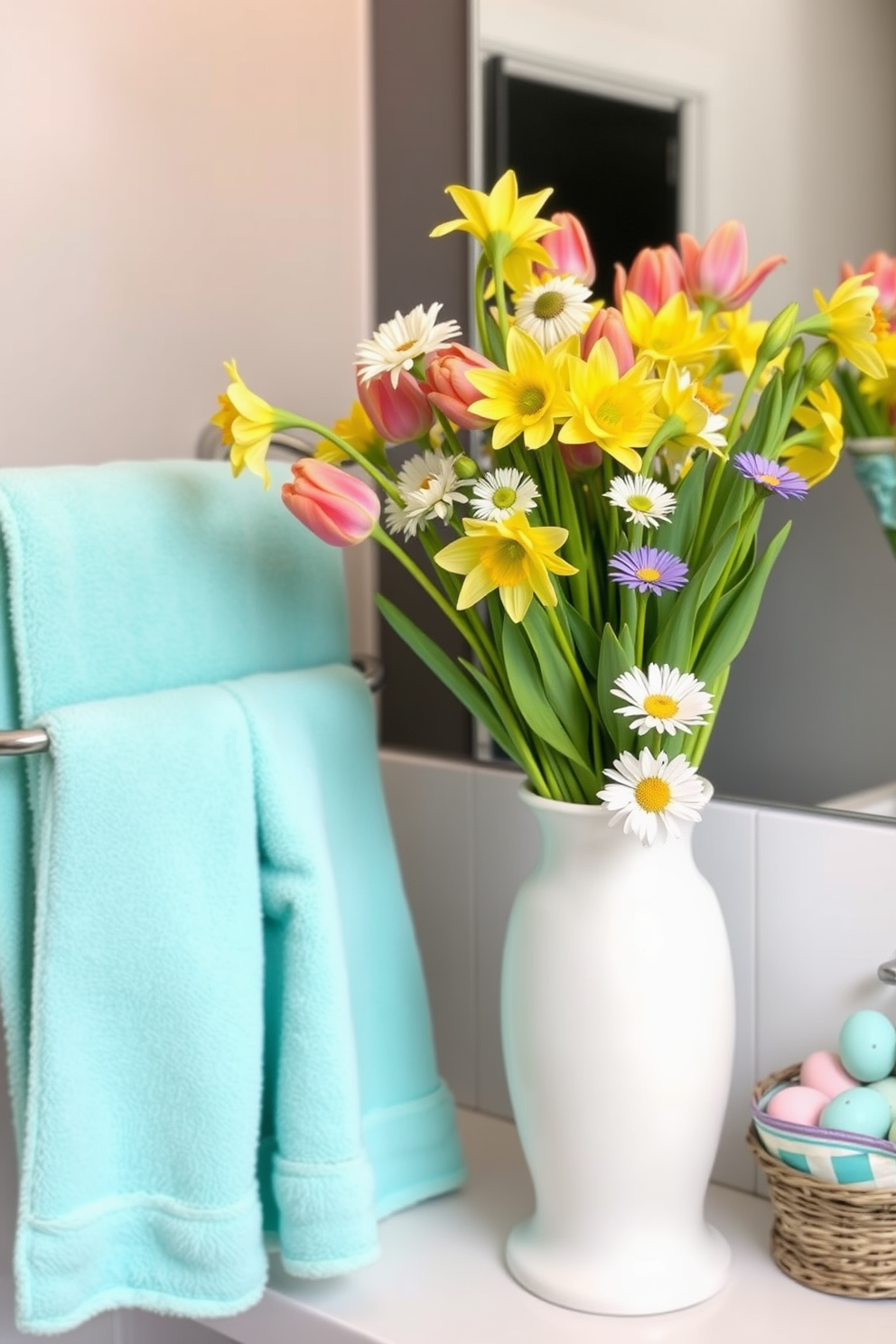 Create a charming bathroom setting for Easter. Feature a beautiful floral arrangement with pastel-colored flowers and a centerpiece of decorated Easter eggs. The arrangement should be placed on a white countertop next to a simple ceramic vase. Surround the area with soft, spring-themed decor like bunny figurines and pastel towels.