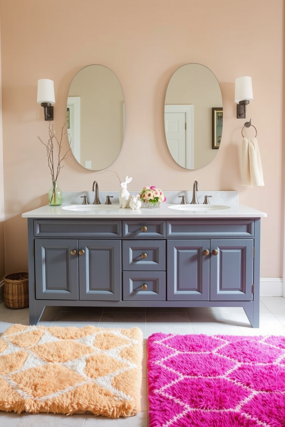 Brightly colored rugs to brighten space. The rugs are plush and vibrant, featuring geometric patterns that add a pop of color to the room. Bathroom Easter Decorating Ideas. Delicate pastel-colored decorations are arranged on the vanity, including small ceramic bunnies and floral arrangements in soft hues.