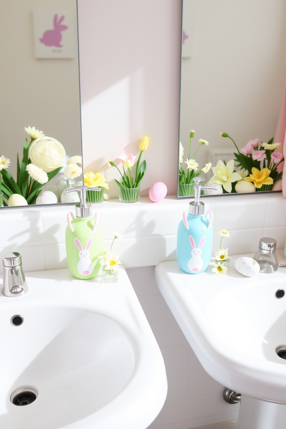 Easter-themed soap dispensers are placed on each sink, featuring pastel colors and playful bunny designs. Surrounding the dispensers, delicate floral arrangements in soft hues enhance the festive atmosphere. The bathroom is adorned with cheerful decorations, including Easter eggs and spring flowers. A subtle pastel color palette creates a light and welcoming environment, perfect for celebrating the season.