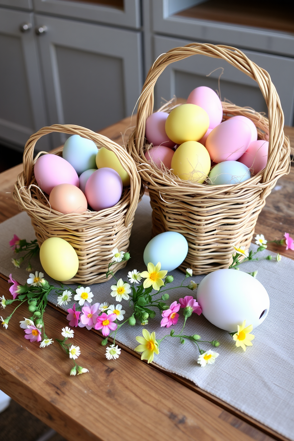 A charming Easter-themed decor setting. Decorative baskets filled with faux eggs in pastel colors are arranged on a rustic wooden table. The baskets are woven with natural fibers, adding texture to the display. Surrounding the baskets, small spring flowers in vibrant hues enhance the festive atmosphere.