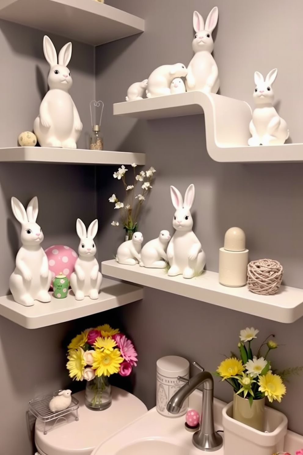 Cute bunny figurines are arranged on various shelves throughout the bathroom, adding a playful touch to the decor. The shelves are adorned with pastel-colored accents and seasonal flowers to enhance the festive Easter theme.