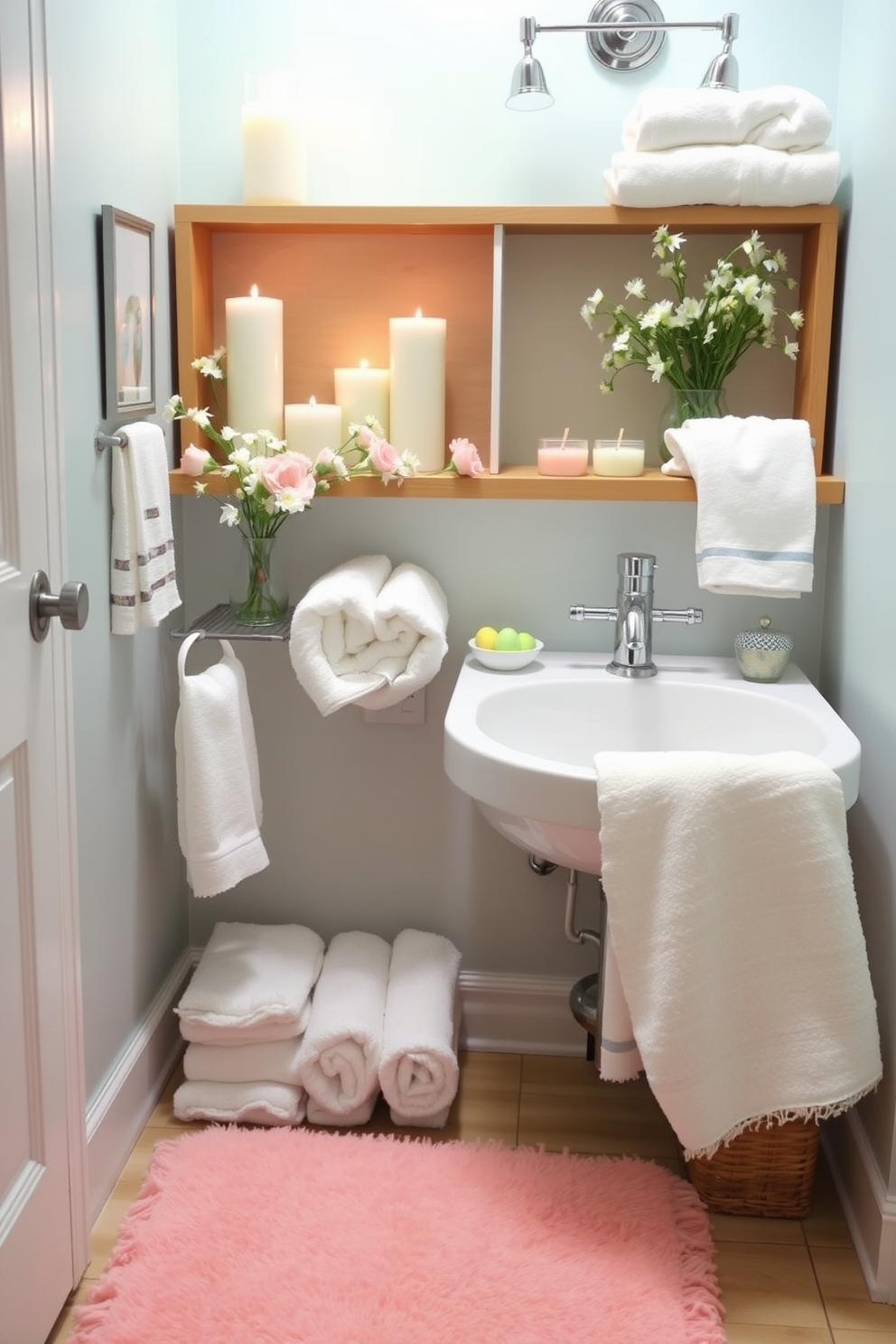 Create a serene bathroom setting adorned with spring-themed candles in pastel hues. The candles are arranged on a wooden shelf, surrounded by delicate floral accents and soft white towels. Incorporate Easter decorating ideas by adding small decorative eggs in soft colors placed around the sink area. A cheerful pastel-colored rug lies in front of the vanity, complementing the overall spring ambiance.