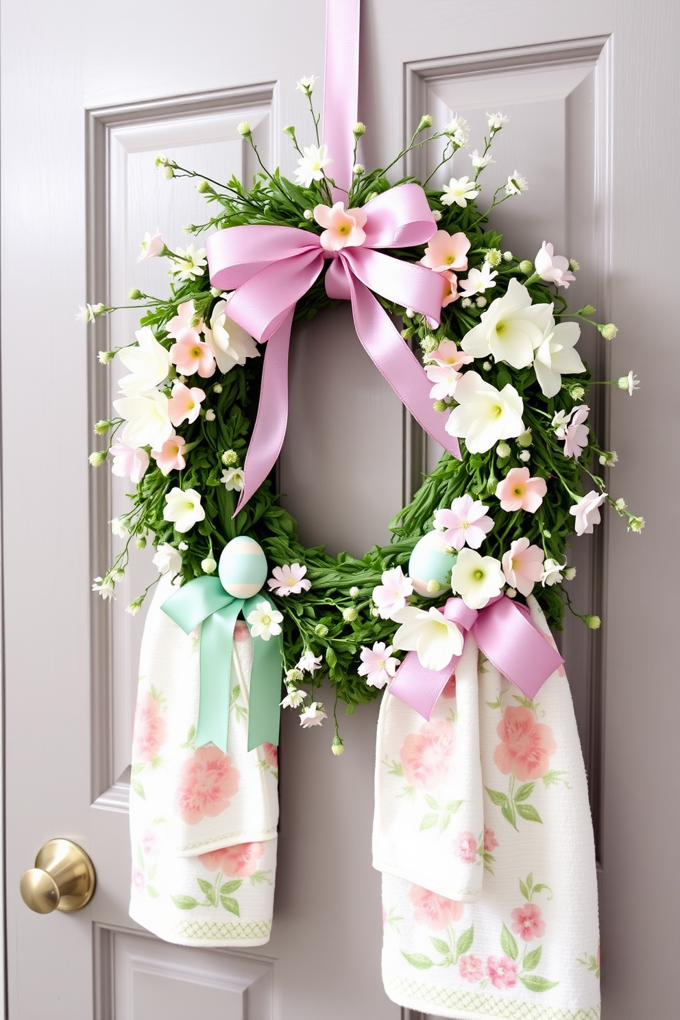 Easter wreath made of pastel-colored flowers and greenery adorns the bathroom door creating a cheerful and festive atmosphere. The wreath features decorative eggs and ribbons, adding a touch of whimsy to the entryway. Incorporate soft pastel colors throughout the bathroom to enhance the Easter theme. Use decorative towels and accessories with floral patterns to complement the wreath and create a cohesive look.