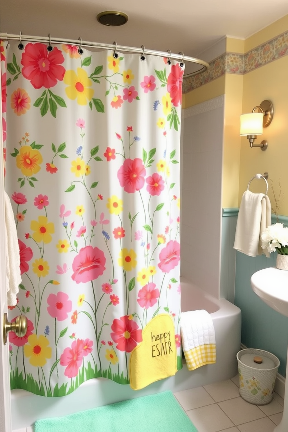 A vibrant bathroom adorned with a floral shower curtain featuring cheerful Easter designs. The space is enhanced by pastel-colored towels and decorative accents that celebrate the festive season.