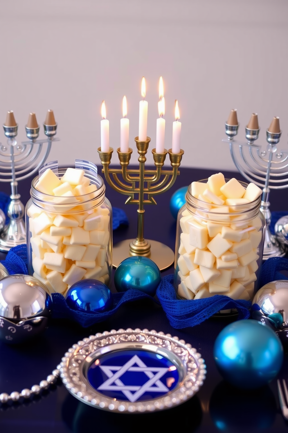 Chic glass jars filled with gelt are elegantly arranged on a festive table. Surrounding the jars are decorative menorahs and vibrant blue and silver accents that capture the spirit of Hanukkah.