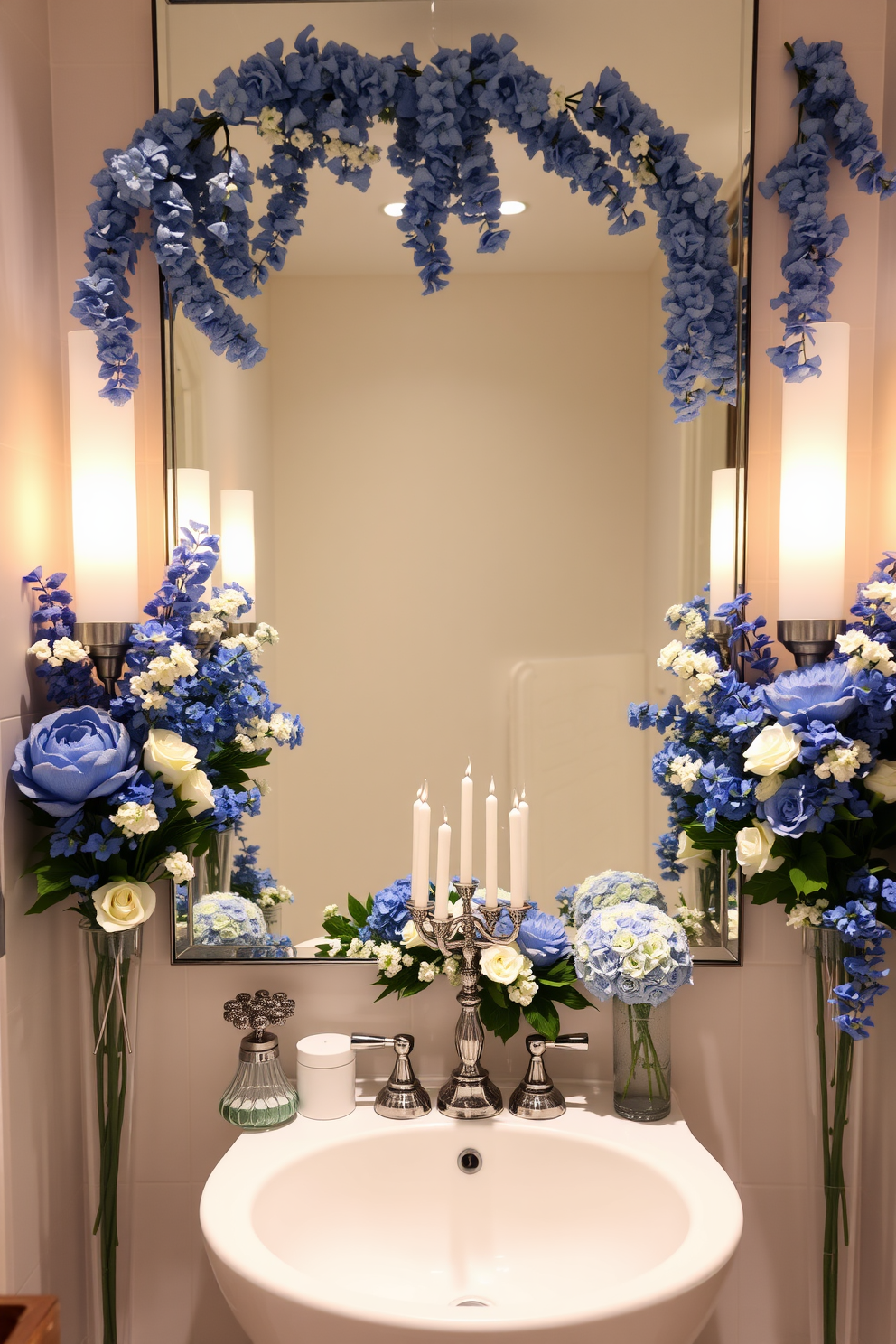 A serene bathroom setting adorned with blue and white floral arrangements. The space features elegant decor that reflects the spirit of Hanukkah, with subtle accents and warm lighting.