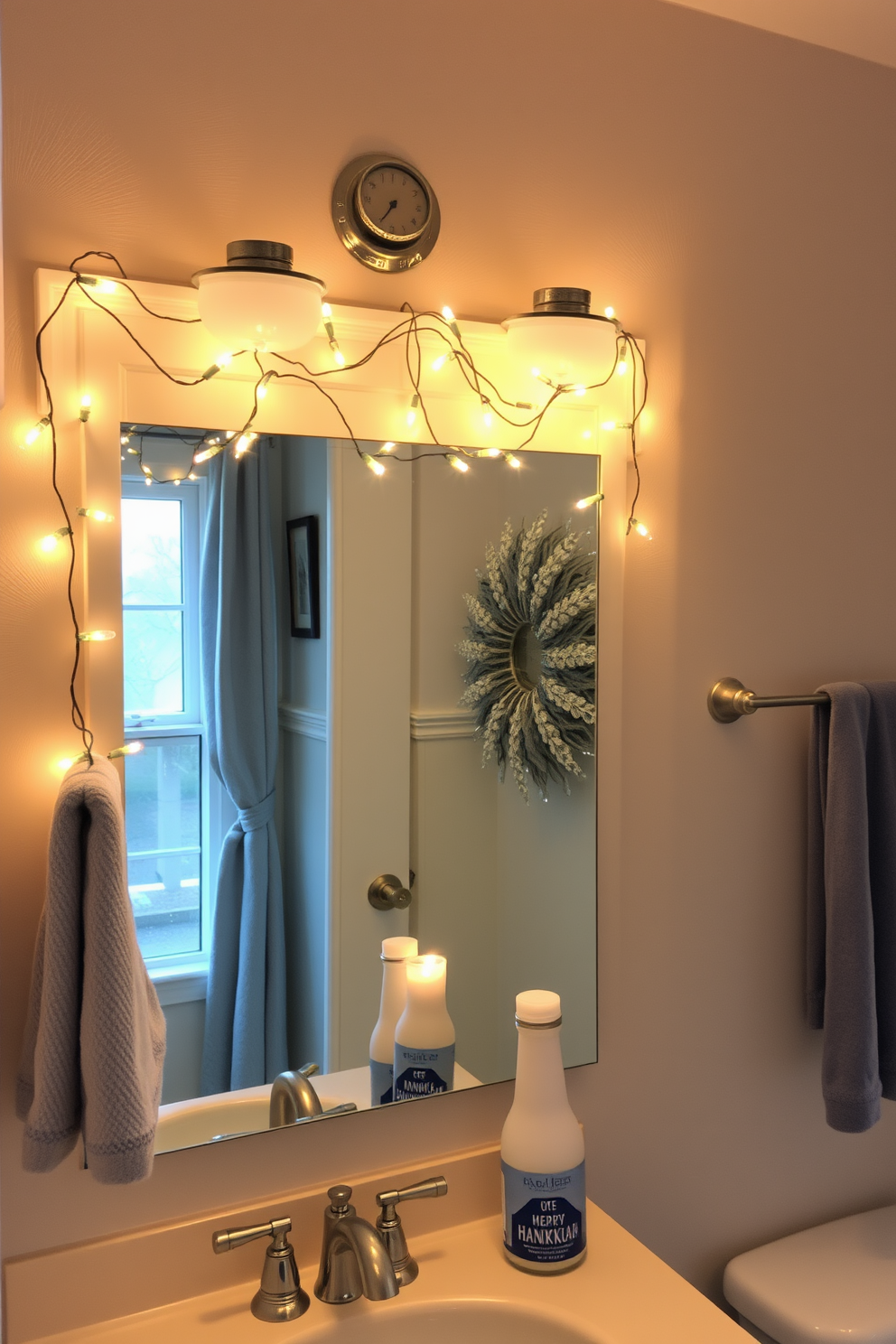 A cozy bathroom adorned with festive string lights draped elegantly across the mirror and around the window. The atmosphere is warm and inviting, enhanced by soft blue and silver decorations that celebrate Hanukkah.