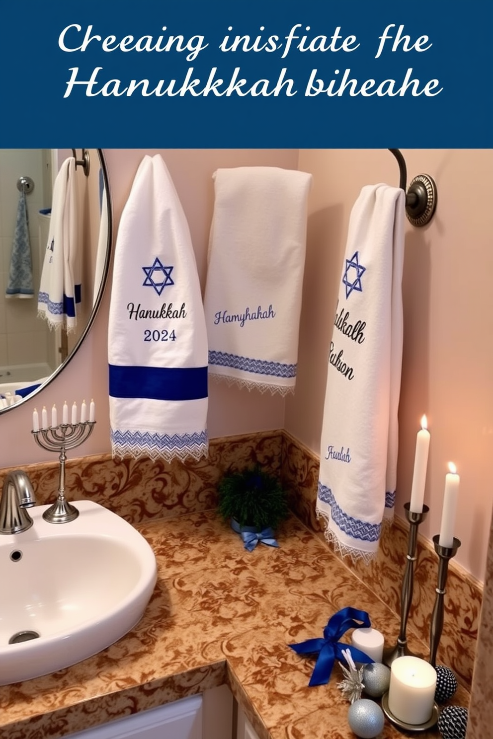 Personalized Hanukkah towels for guests are elegantly displayed on a wooden towel rack in the bathroom. The towels feature intricate blue and silver designs, adding a festive touch to the space. For bathroom Hanukkah decorating ideas, consider placing a small menorah on the countertop next to a decorative bowl filled with dreidels. Soft, warm lighting creates a cozy atmosphere, enhancing the holiday spirit.