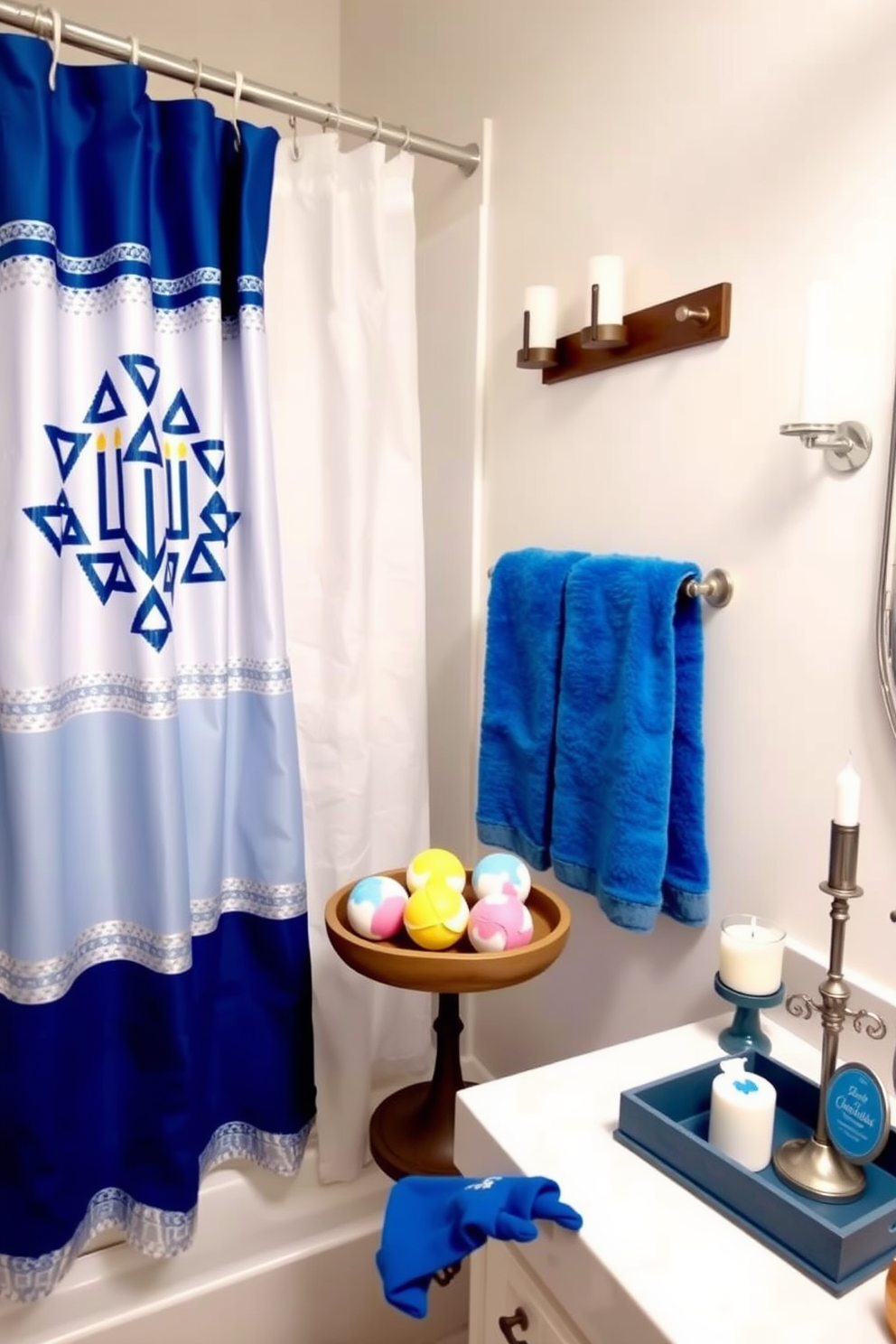 A cozy bathroom adorned with holiday-themed bath accessories. The scene features blue and silver towels, a festive shower curtain with a menorah design, and decorative candles placed on the countertop. A small wooden shelf displays colorful bath bombs and a decorative tray holds Hanukkah-themed soap. The walls are painted in a soft white, creating a bright and cheerful atmosphere perfect for the holiday season.