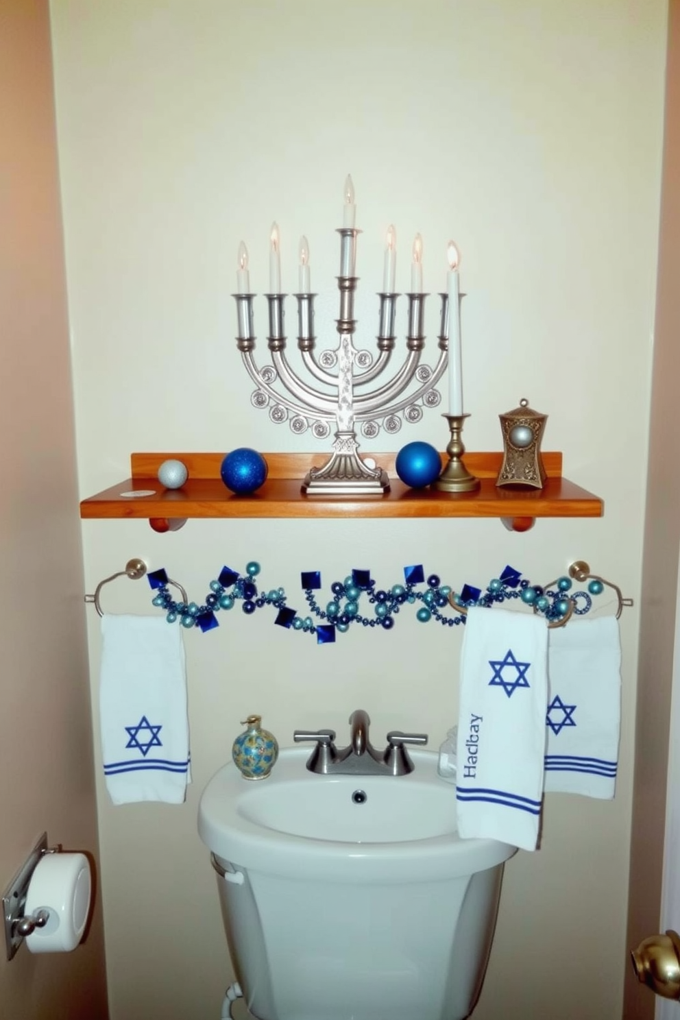 Artistic menorah display on a wooden shelf. The menorah features intricate designs and is surrounded by decorative candles and festive ornaments. Bathroom Hanukkah decorating ideas include hanging garlands of blue and silver along the mirror. Add small Star of David accents on the countertop and festive towels with holiday motifs.