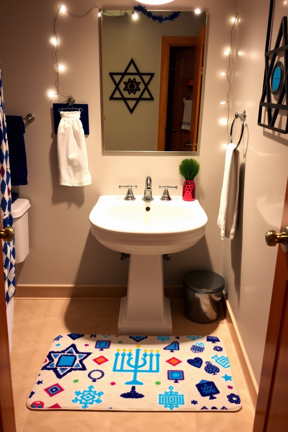 A colorful Hanukkah themed bath rug is placed in front of the sink, featuring vibrant blue and white patterns with menorahs and dreidels. The walls are adorned with festive decorations, including string lights and Hanukkah-themed art that adds a cheerful ambiance to the bathroom.